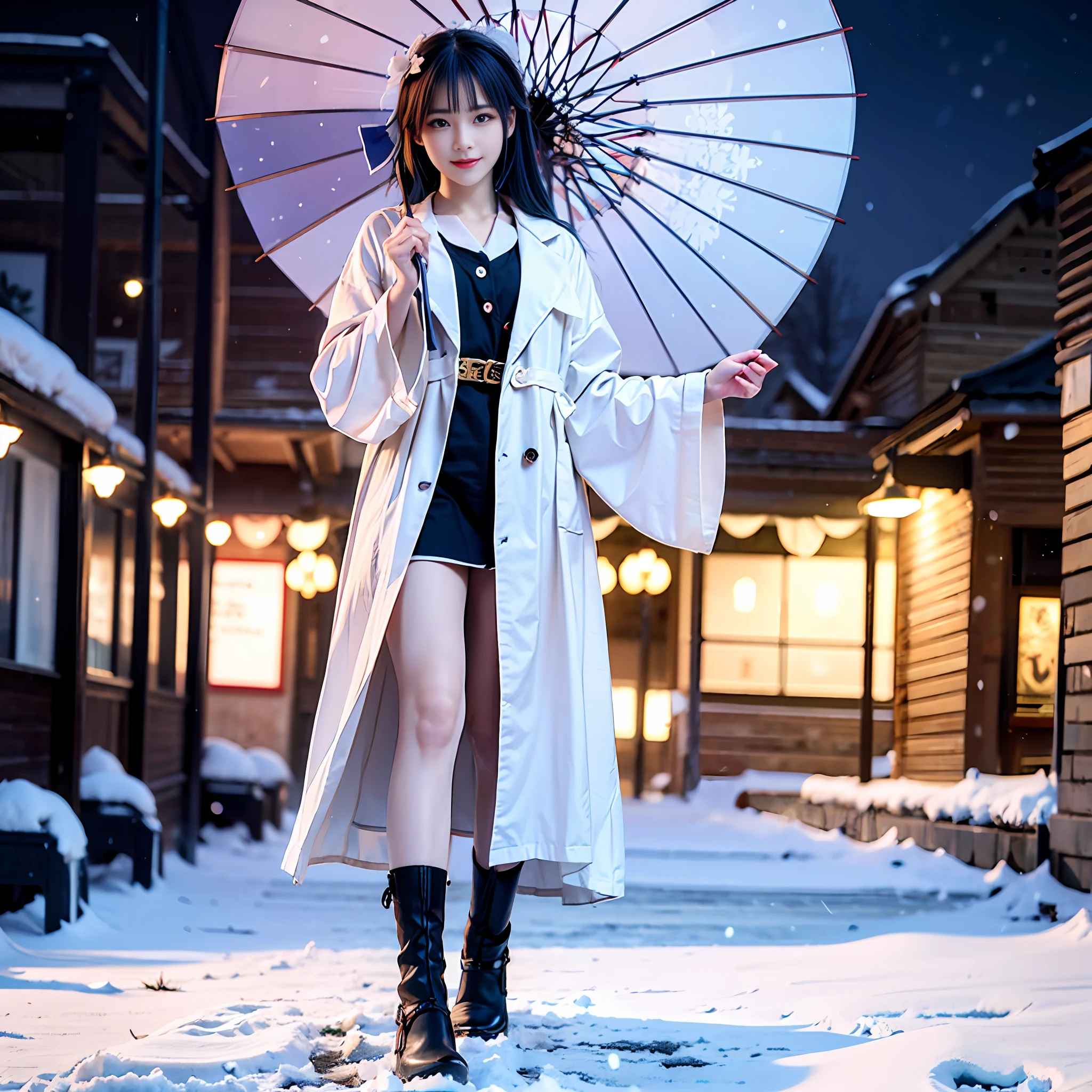 Blue hair and blue eyes，A beauty，Dressed in Tsing Yi，Standing in the snow，Holding a white oil-paper umbrella，Watch the falling snowflakes