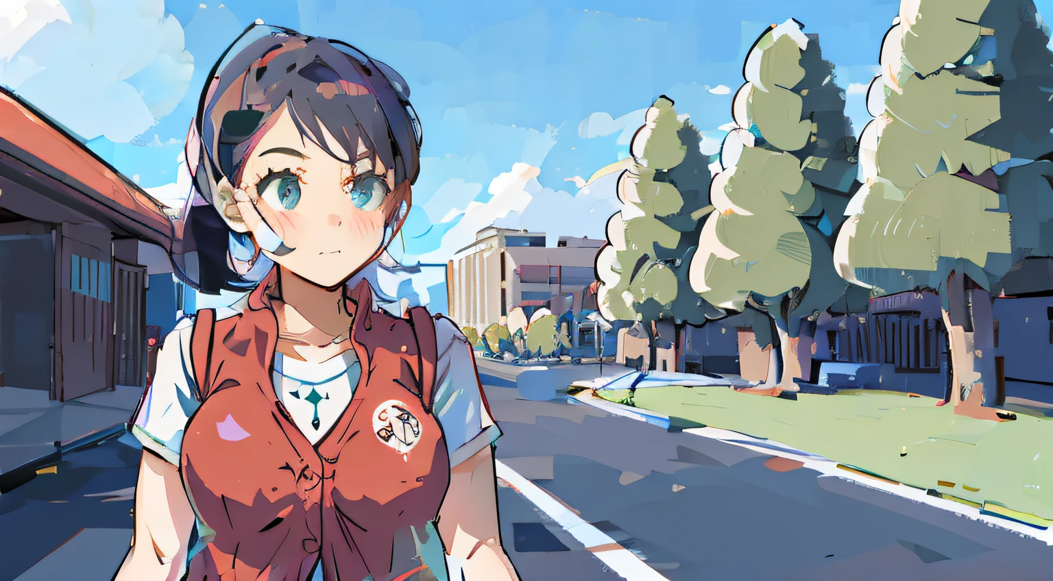 Anime girl walking down the street in red vest，Trees in the background, inspired by Akihiko Yoshida, cel - shaded art style, forest city streets behind her, inspired by Leiko Ikemura, front cover of a new video game, walking through a suburb, Official artwork, totorrl, pokemon trainer, Female protagonist, nanogirl, cel-shading style