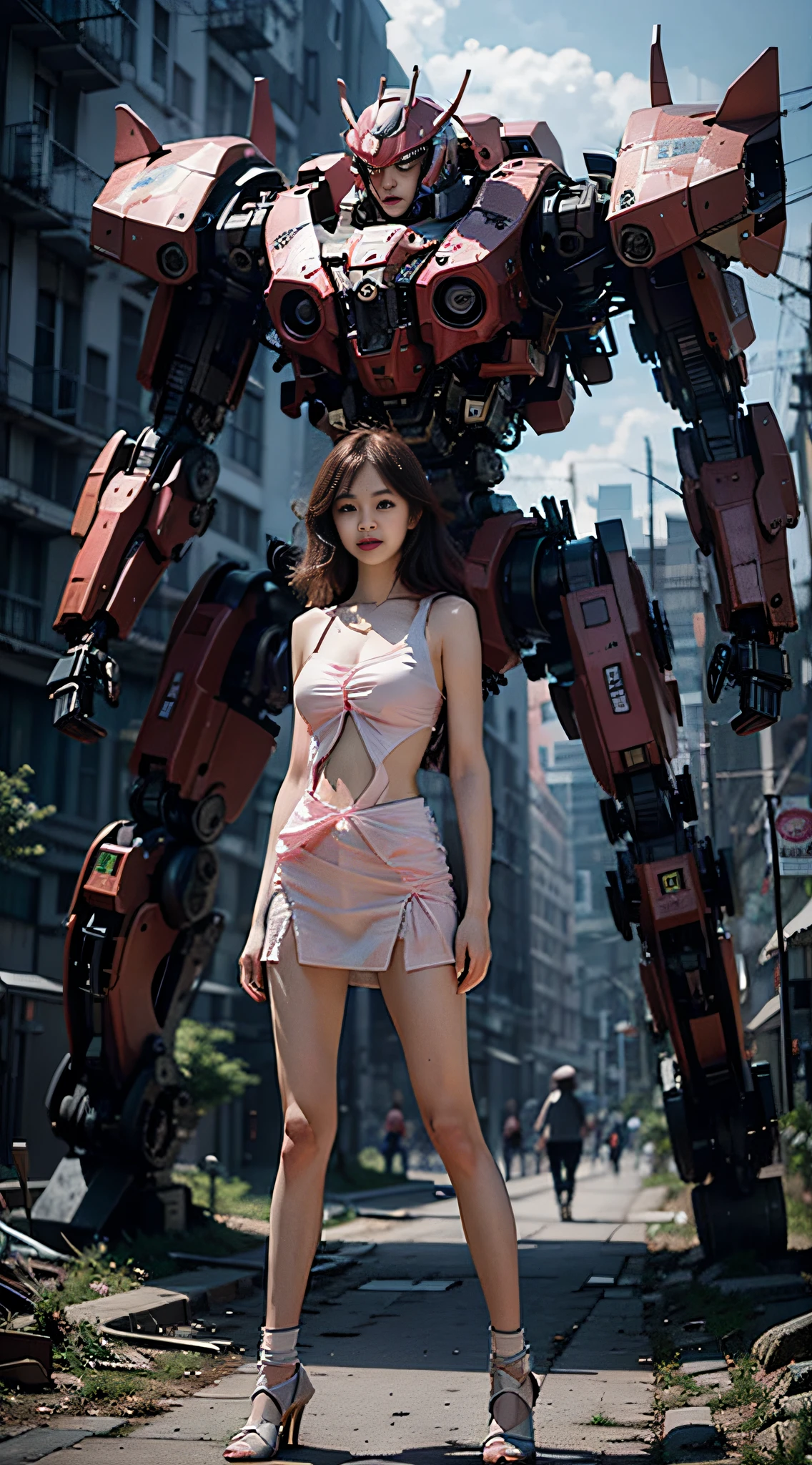 （ PureErosFace_V1：0.5），Rhyme，korean-doll，
Realistic photography，high qulity，8K分辨率，real photograph，（（（long whitr hair，brown  hair，Girls with medium breasts，）），ChineseGirl，tight-fitting，nabel，Pink clothes），Shitu-mecha behind the girl，Magnificent，full bodyesbian，mistic，Photo by Brandon Wolfermüster，Surreal dreams，Gray atmosphere，Rainy days，battleground background，dyna，lute，HDRM professional lighting，photon maping，Radio City，physically-based renderingt，Delicate realism，Aray's dynamic and expressive animation Shitu-Mecha，（Pink style：1.3），