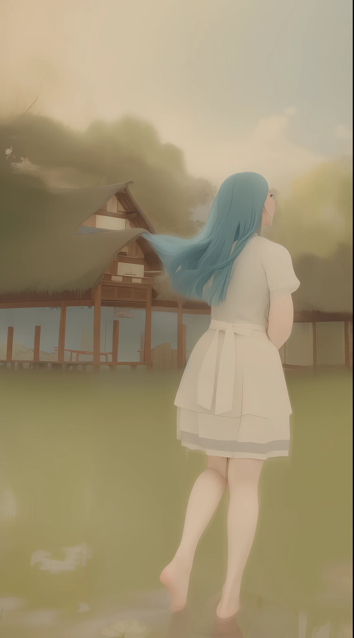 ((4k,masterpiece,best quality)), shuimobysim, traditional chinese ink painting, lotus, hanfu, maxiskit, dress conservatively 1girl, solo, long blue hair, smile, standing, feet in the water, barefoot,