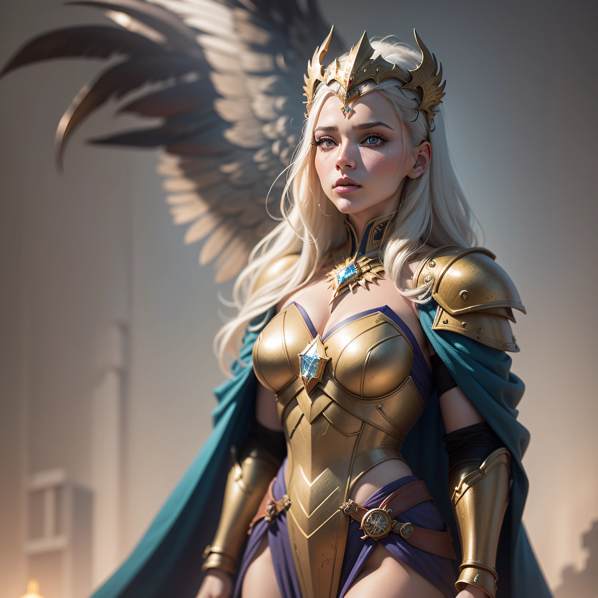 A European girl, heavy makeup, heroic and sassy, blue-purple eyes, light blonde shawl long hair, golden gorgeous armor, medieval armor carving, red phoenix gilded cape, gold garland headdress, full body photo, makeup, depth of field, panorama, polar opposites, (Movie Photo: 1.3), (Reality: 1.3), (Romance: 1.3, Masterpiece, Lee Jeffries' Award Winning Photo, Nikon D850 Film Stock Shot, Kodak Portra 400 Camera F1.6 Lens, Very Detailed, Amazing, Fine Detail, Rich Colors, Ultra-Realistic Realistic Textures, Dramatic Lighting, Unreal Engine, Trending at Artstation, CineStill 800 tungsten light, looking at the audience, photo realistic, RAW photos, TanvirTamim, High quality, High resolution, Sharp focus, Very detailed, Cinematic lighting, 8k uhd, Highly detailed, (Crystal Cubism: 1.3), (Magical Realism: 1.3), (Realism: 1.3), Ultra Detailed, Detailed, by Clarence Holbrook CArter, by Ed Emshwiller, CGSociety, ArtStation competition winner, ArtStation Trends, DeviantArt competition winner, Fallout