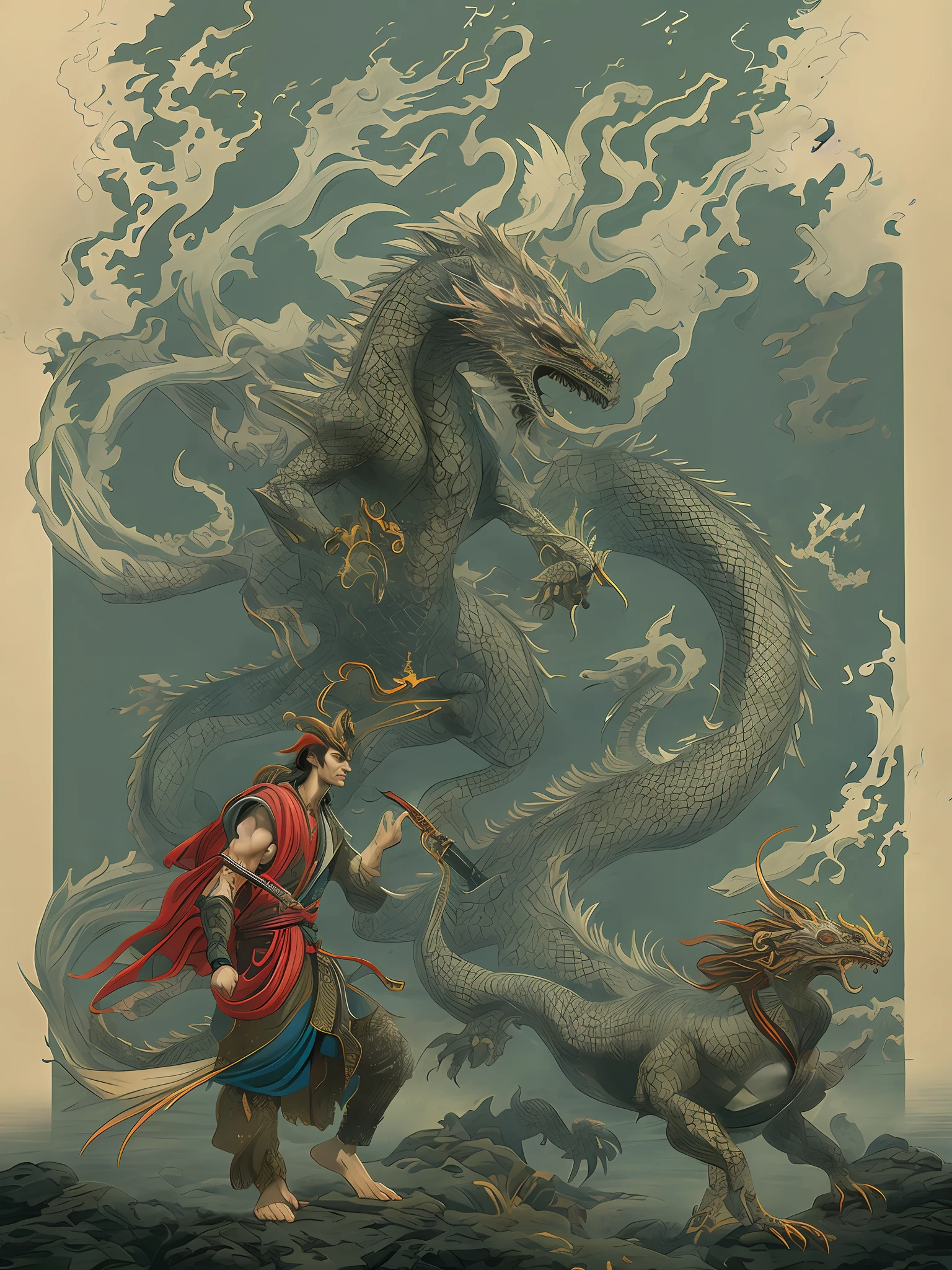 A man with a sword and a dragon，Beautiful male dragon man，mohrbacher，Inspired by Shunkōsai Hokushu，In the artistic style of Morebach，asura from chinese myth，the god of chaos，Inspired by Ryūkōsai Jokei，Style Peter Molbach