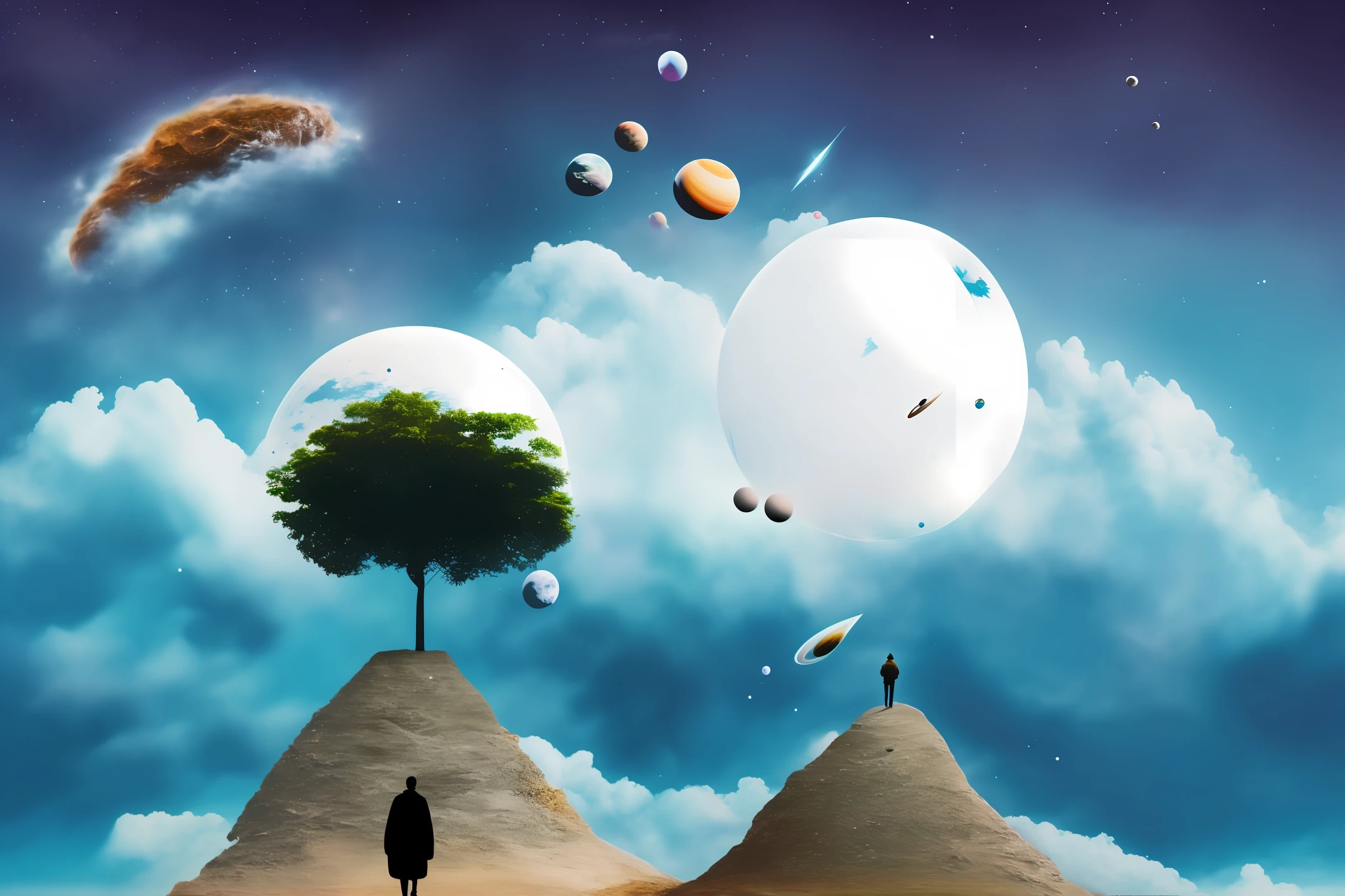Combination of thoughts，heavenly body，space，afloat，Aloneness