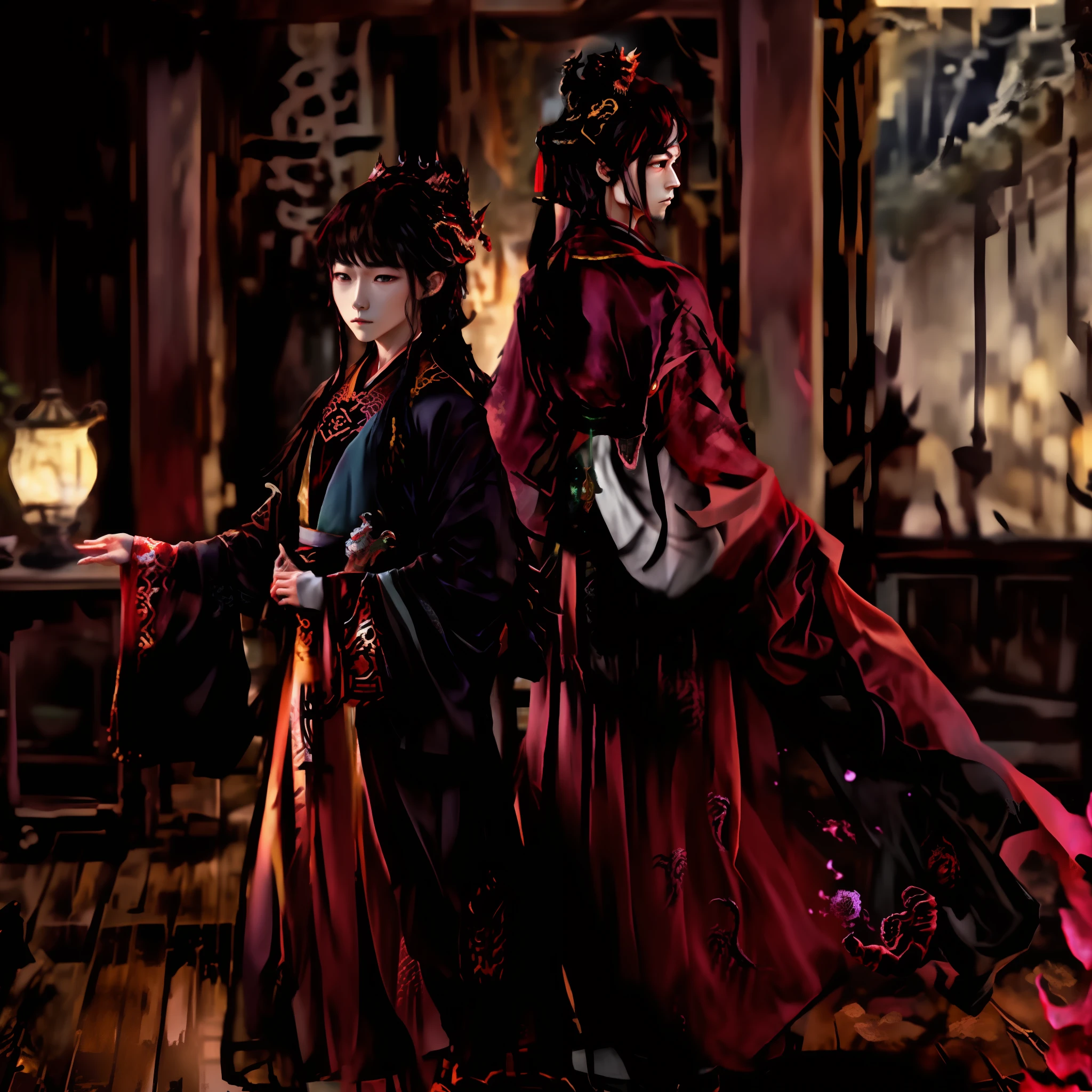 In the old mansion,A man in Hanfu(1人),Long hair shawl,Red pupils,(black dragon:1.2)Wrap around the back, (masterpiece), 8K Ultra HD picture quality。