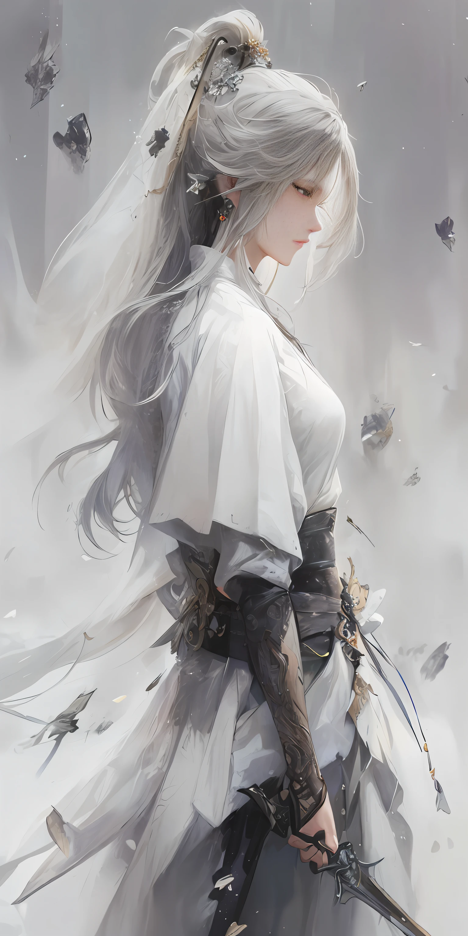 a close up of a woman with a sword in a white dress, a character portrait by Yang J, trending on cgsociety, fantasy art, beautiful character painting, artwork in the style of guweiz, guweiz, white hanfu, flowing white robes, full body wuxia, epic exquisite character art, stunning character art, beautiful female assassin