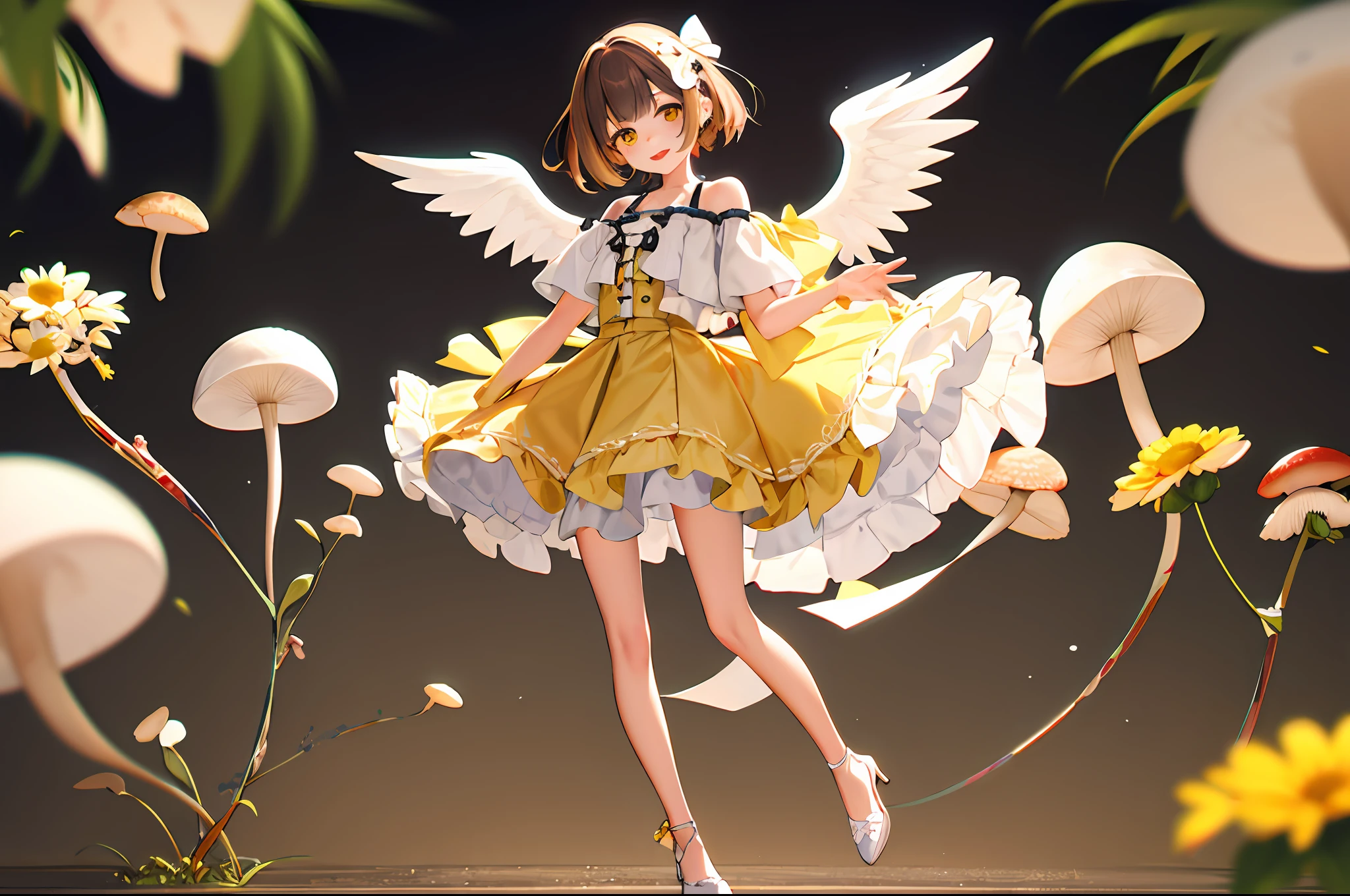 Campus background,,Brown hair,Dark yellow 10cm heels,White top,cropped shoulders,chrysanthemums,Mushroom head,Light yellow bow,Short light yellow skirt,Light yellow hair,light yellow eyes,white clothes,thin very long legs,the angel's wings,Cute and sweet,Full body painting,high high quality。