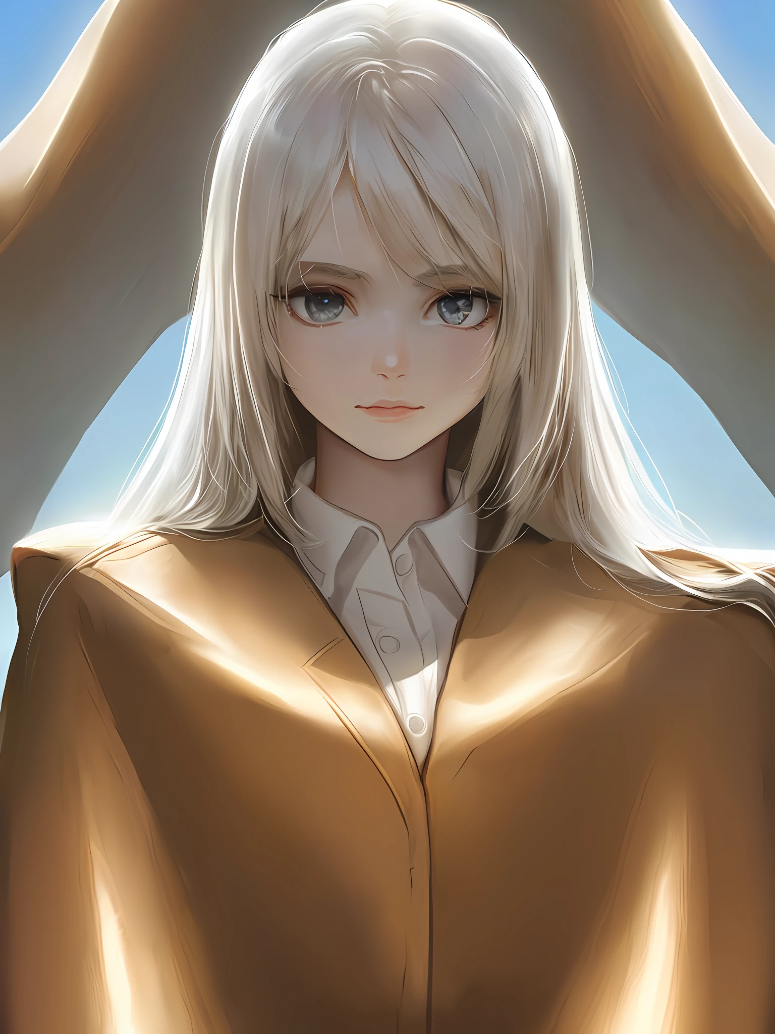 male people,23years old,long whitr hair,white skinned,rays of sunshine,The upper part of the body,tmasterpiece,high-class,Super detailed face,the sky background,middlebreast,Business suit,Big eyes