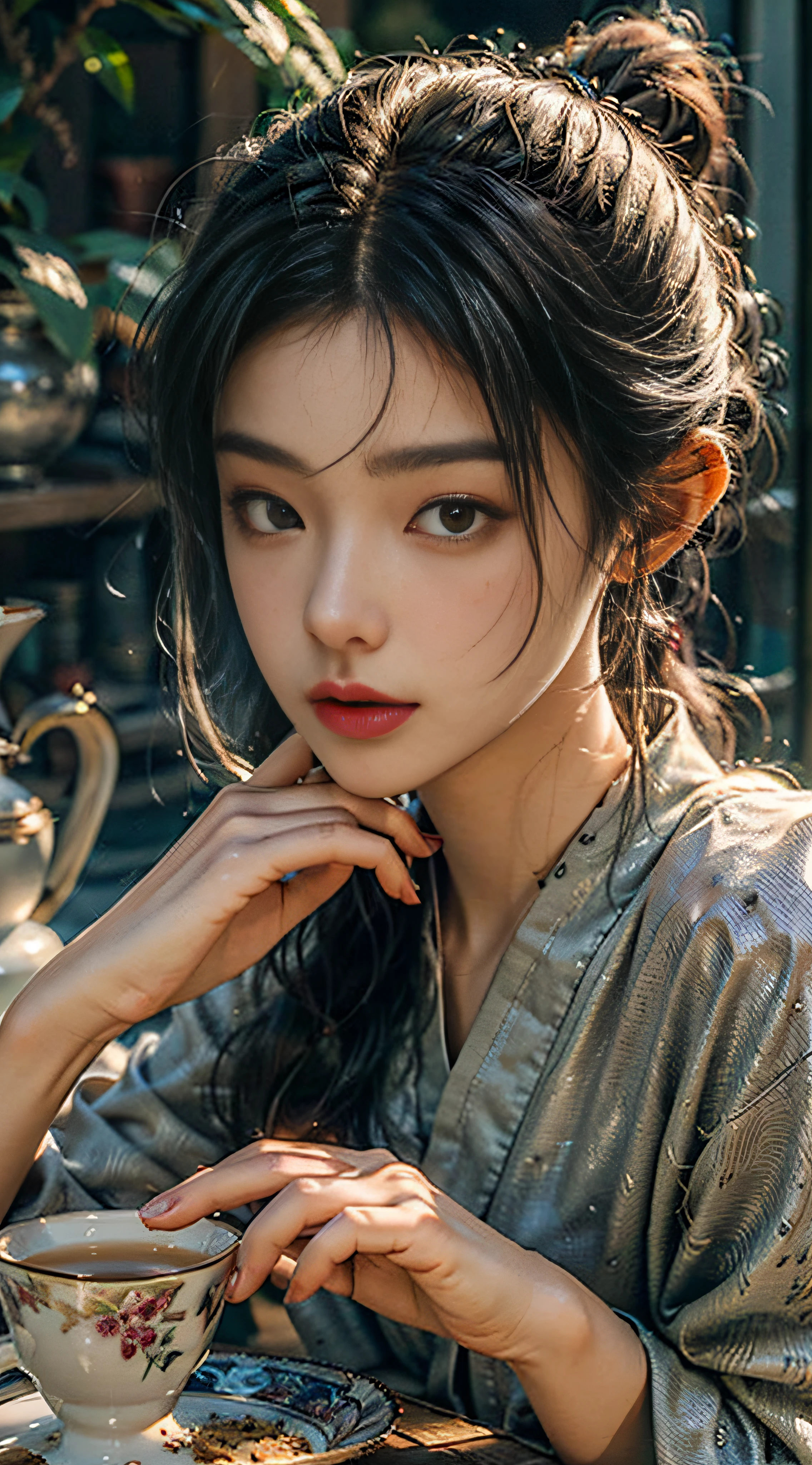 hair pulled back, crescent hair ornament, Close-up, macro photograph, Contemporary art, high detaild, masterpiece, ccurate，Tea picker，