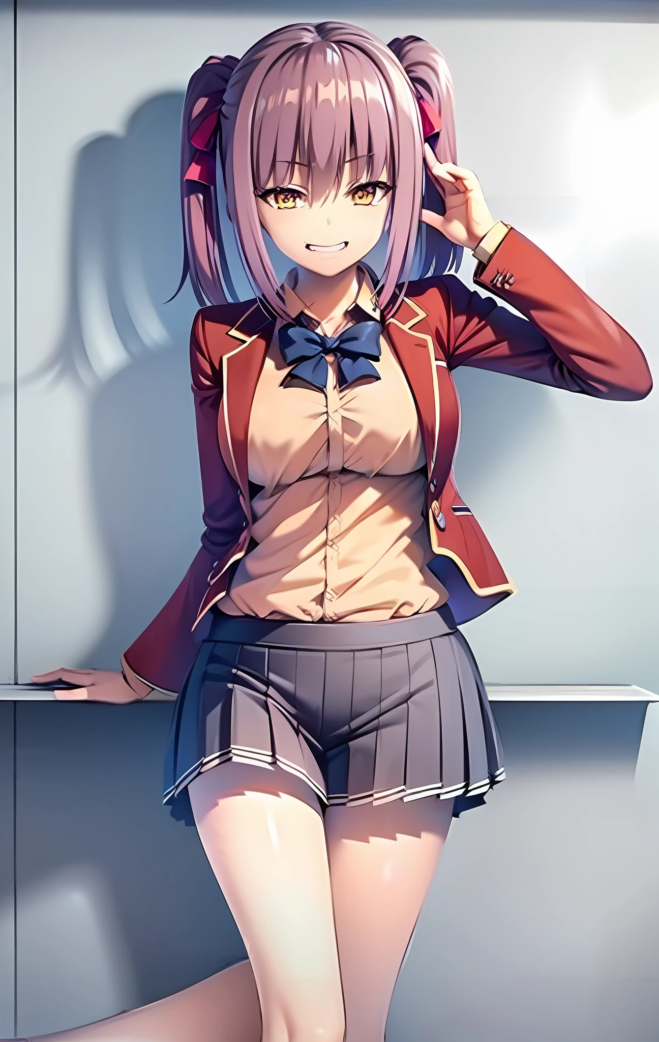 Amasawa ichika 
a woman in red school uniform,pink - purpule hair, yellow eyes, classroom, tails hairstyle,  an evil grin, slim
masterpeace, best quality, (extremely detailed CG:1.4), highly detailed faces ,glowing colors