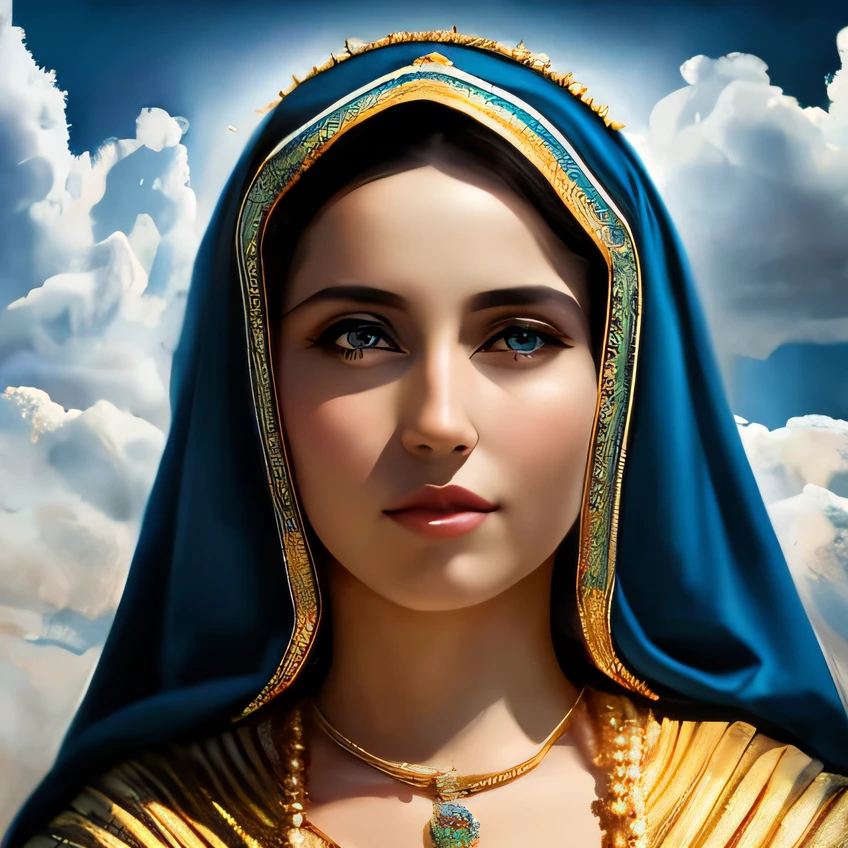 a close up of a woman wearing a blue and gold outfit, queen of heaven, portrait of virgin mary, majestic saint woman, virgin mary, 3 d goddess portrait, detailed portrait of madonna, a stunning portrait of a goddess, beautiful goddess, portrait of a beautiful goddess, goddess close-up portrait, catholic religious art, religious masterpiece portrait, renaissance digital painting, goddess portrait