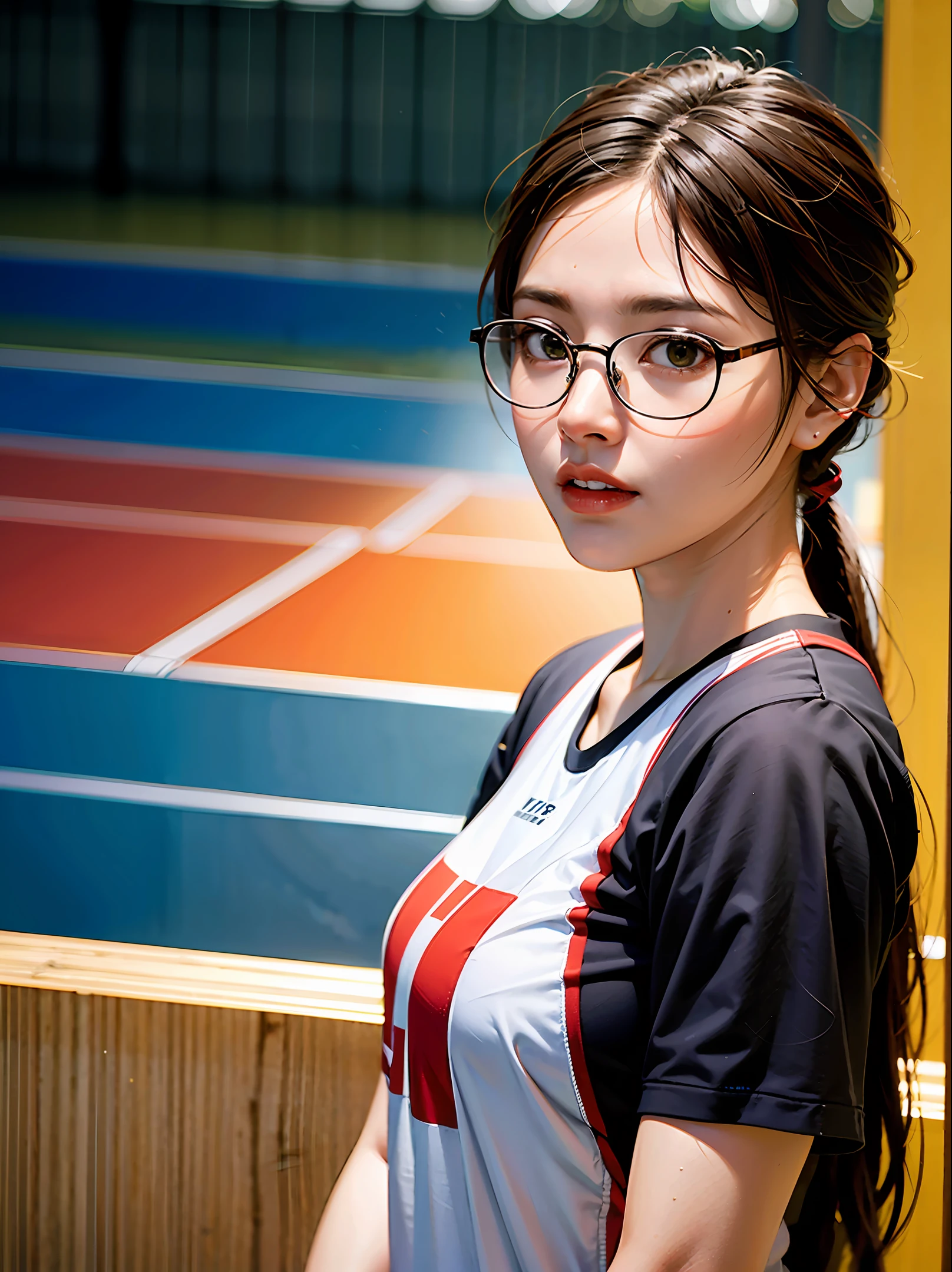 women, glasses, realistic 4k playing badminton, professional lighting, sportswear, badminton court