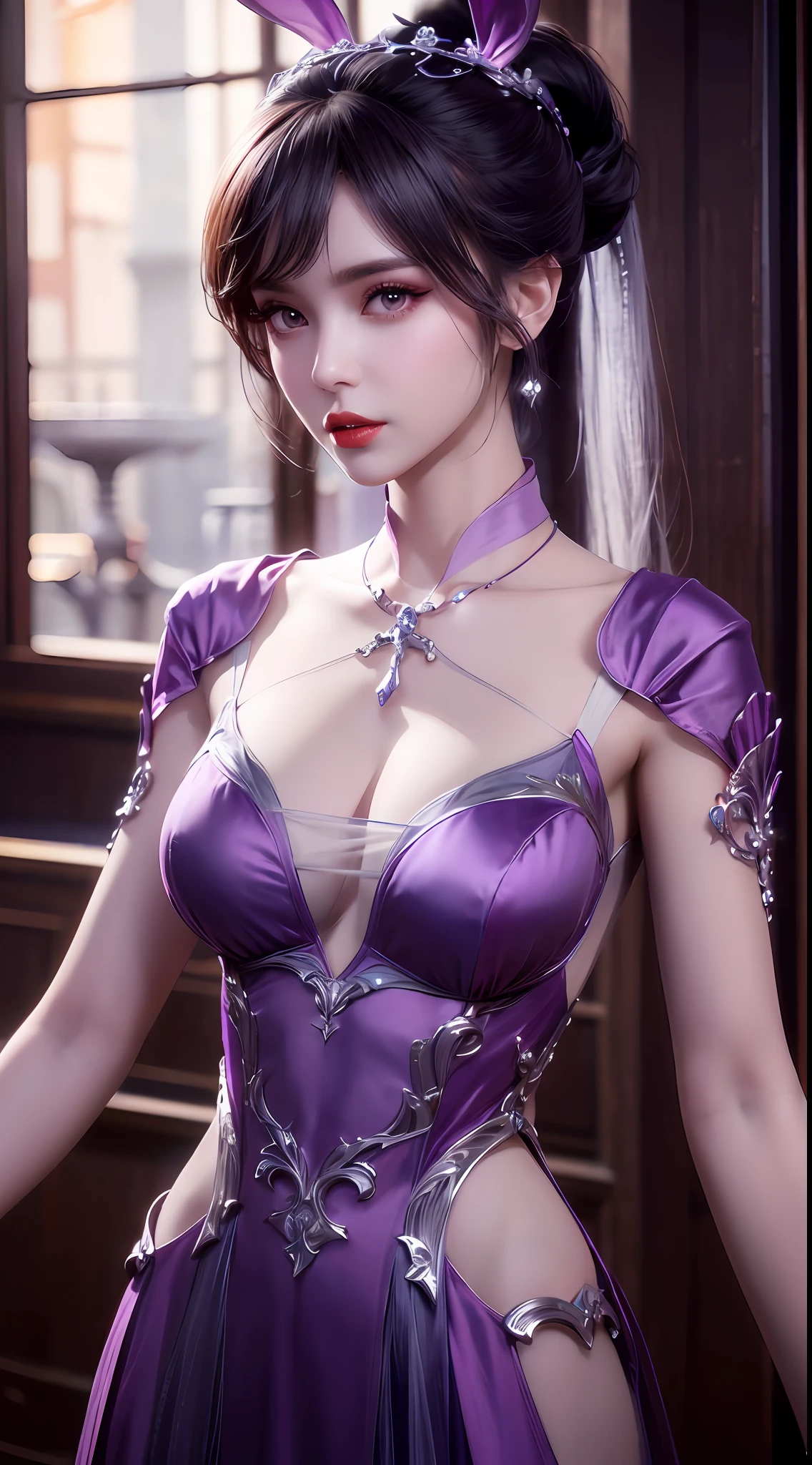 1 beautiful girl in Han costume, thin purple silk shirt with white color with many textures, white lace top, long platinum purple ponytail, hair jewelry, ear jewelry, light purple rabbit ears, necklace and necklace, meticulously drawn large purple eyes, meticulous makeup, thin eyebrows, high nose, lovely red lips, not smiling, pursed lips, rosy cheeks, wide breasts, big breasts , well-proportioned bust, slim waist, purple mesh socks, chinese hanfu style, fictitious art textures, vivid and realistic colors, RAW photos, realistic photos, ultra high quality 8k surreal photos, (effective fantasy light effect: 1.8), 10x pixel, magic effect (background): 1.8), super detailed eyes, girl body portrait, ancient hanfu background,