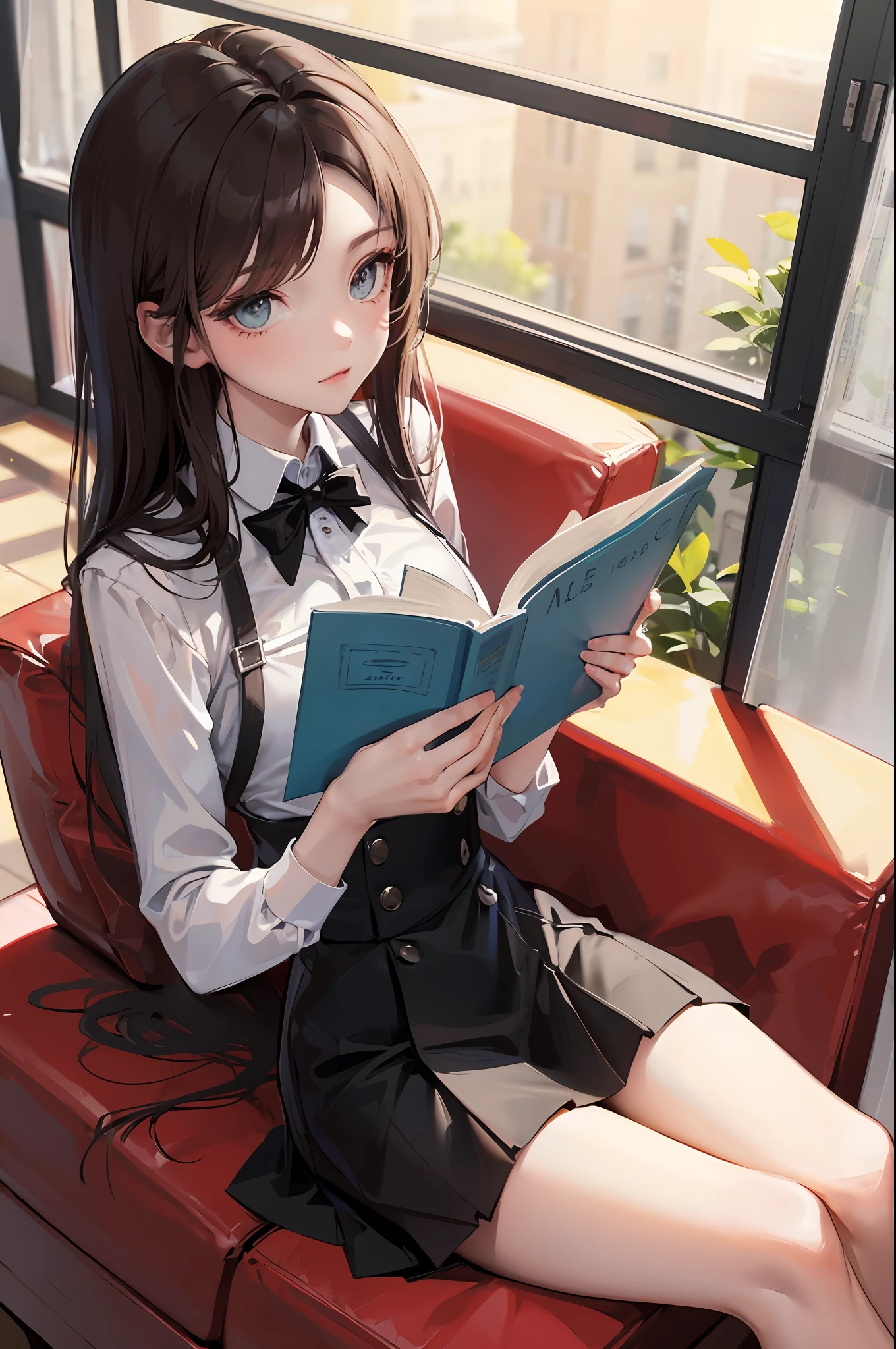 best qualtiy，Need，delicated，tmasterpiece，rich colourful，Fine details，brunette color hair，straight long hair，middle parted bangs，Fair skin，School Classroom，Super refined，Medium build，Sit on a single sofa，Reading a book，Coordination of the five senses，Beautiful looks，Beautiful eyes，White color blouse，black cloaths，black short skirt，black lence stockings，Jirou legs，Slender and well-proportioned legs，teens girl，high and cold
