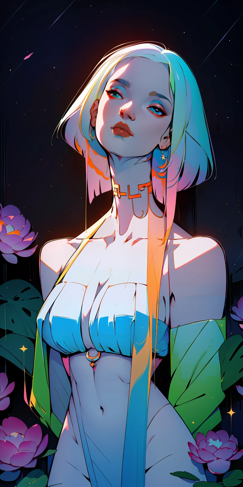 peony/lotus/cornflower/wheat/mallow/ chamomile/poppy/Wildflowers,Professional,abstract beauty,approaching perfection,dynamic,Highly detailed,digitalpainting,Artstation,Concept art,Smooth,sharp-focus,illustartion,Artists: by Carne Griffiths, Wadim Kashin,leonid afremov,kandinsky,Psychedelic,watercolour,crystals foil,stylish,Fantastic,a gold,colorful neon, s face, waist-high, portraite of a, up close, near, queen, a goddess, A glorious sunrise, aura, Glow, multi-colored bright aurora borealis, Spectrum Rainbow,Colored feathers, In a chic, Purple, mint, Yellow, Gradient, Lavender pink azure white hair, pastel, mixed-language_SMS, (beautiful and clear background:1.2),, fantastic paintings , high detailed eyes, crystals, outer space, galaxy, Gorgeous hair, hydrangea, Plants. Loving. Love. ultra detail hair, Best Quality, hiquality, hight resolution, detail enhancement, ((most beautiful image in the world)), Masterpiece, Best Quality, High Quality Detail Enhancement, ((most beautiful image ), Shiny hair, ultra chic topless, naked body, curvy chic body, Stampa Flores, art by stjepan sejic, art by j scott campbell, Artist Guillem March, art by citemer liu, 4k, hight resolution, comic book character, comic, high quality detailed, style of ::2.0 comix illustration style,tatoon style, hiquality, hight resolution, detail enhancement, 8K, HD, Best Quality, hiquality, hight resolution, detail enhancement, 8K, HDR, sharp-focus, Ultra Detailed, perfect lighting, Curvy Body, Lush big breasts, Curvy big hips, sparks, Stars, The Cycle of the Stars, Wolf, cat ears, in a beachfront environment