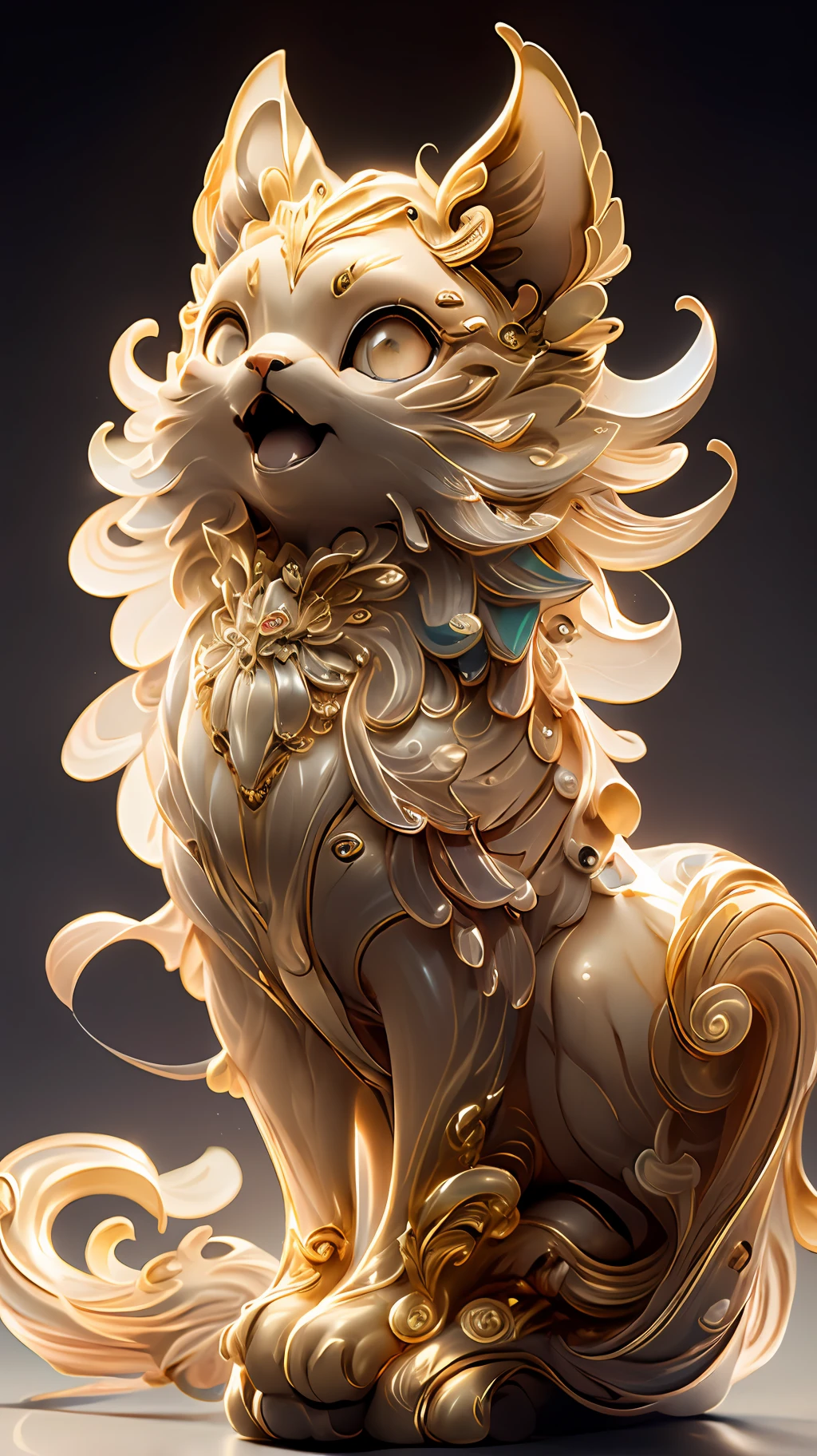 in the shape of a cat，Bling background，Dreamy colors，Transparent statue，florals，Big eyes，golden colored，Open-mouthed，laughingly，tmasterpiece，（best qualtiy：1.3）， full bodyesbian，Ling_Long