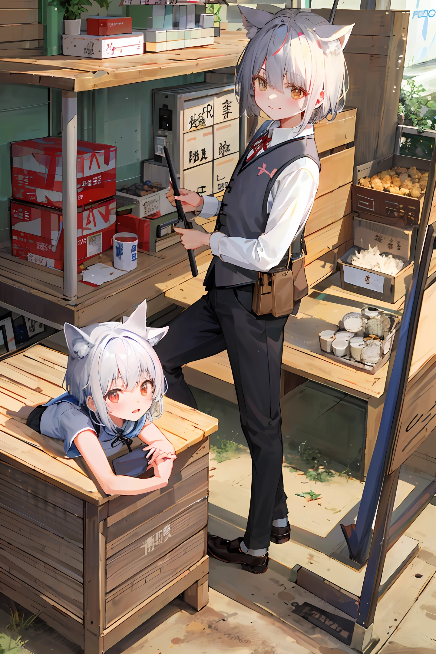 Wolf ears,silber hair,HK416 carbine,satchel,The main color is blue and white,校服