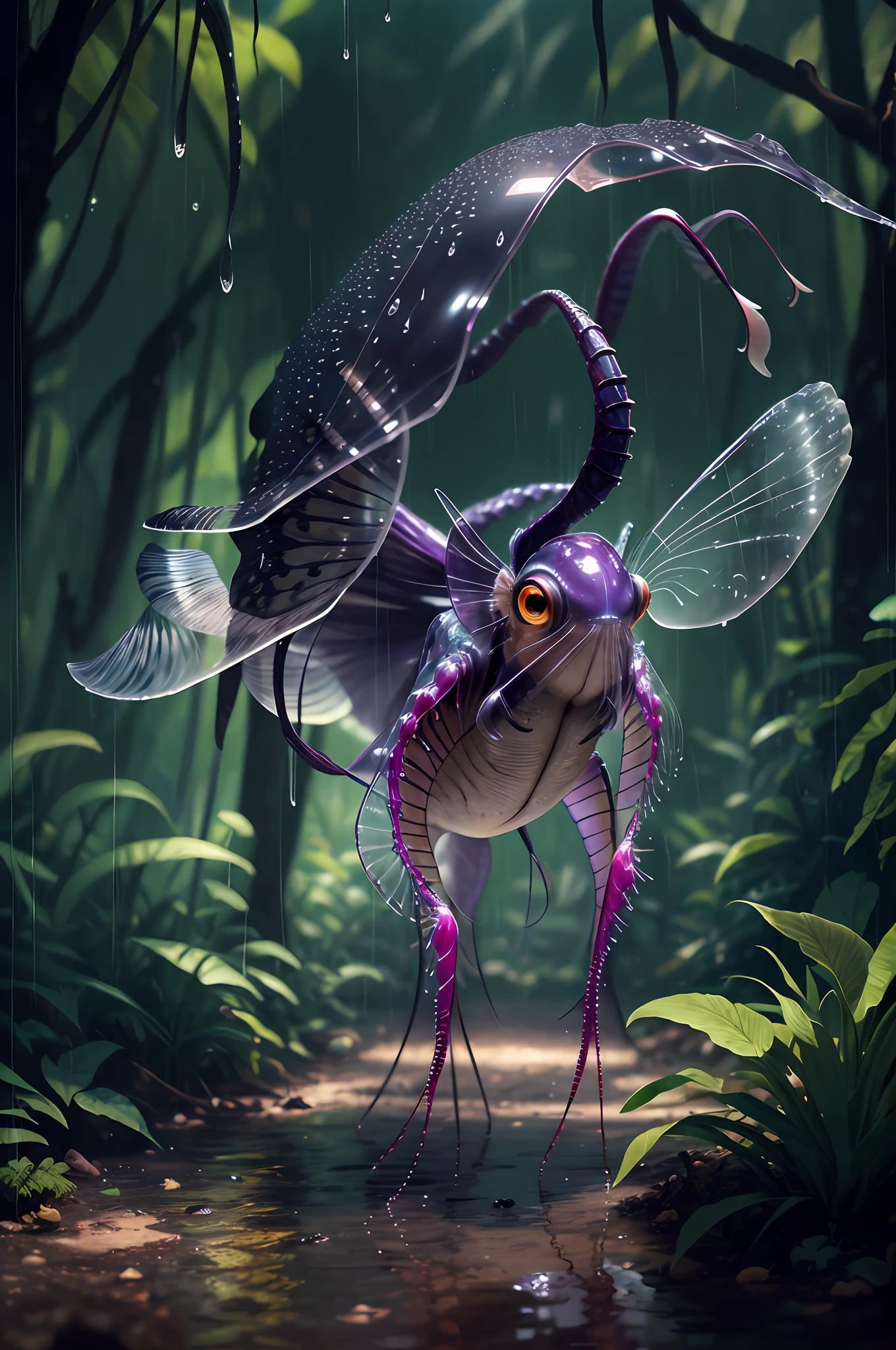 Big six legs creature whith transparent and lighting body, long wings, walking on all six legs, (((cuttlefish head))), ((four eyes)), six leghs, in the jungle, jungle, rain forest, high image quality, realistic look, high-resolution photography, 8K, full-frame matrix, deep shadows, ((one character)), (hyperrealism)