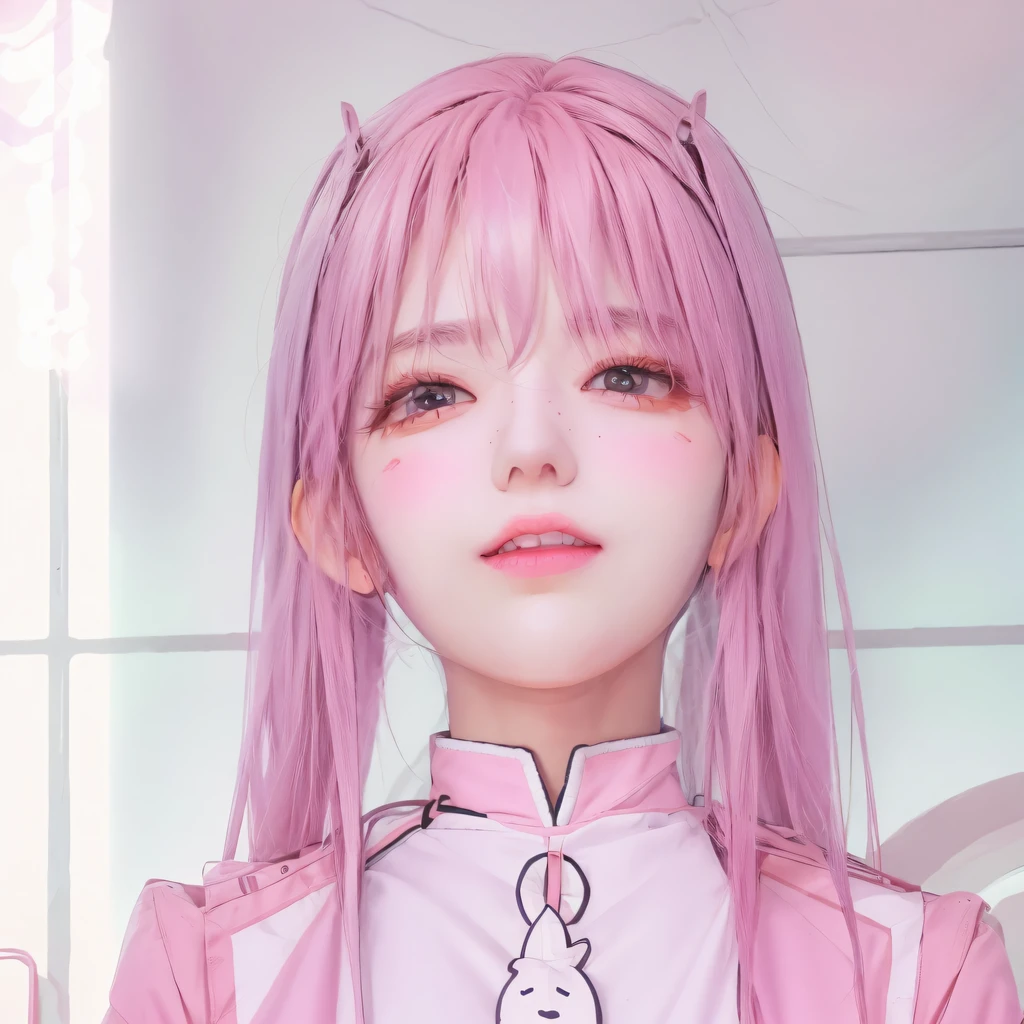 Pink hair,Anime girl in pink jacket and white shirt, Smooth anime CG art, Zerotwo, made with anime painter studio, drawn in anime painter studio, Detailed digital anime art, Guviz, Guviz-style artwork, Waifu, hyper realistic anime, Kawaii realistic portrait, photorealistic anime girl rendering, Digital anime art
