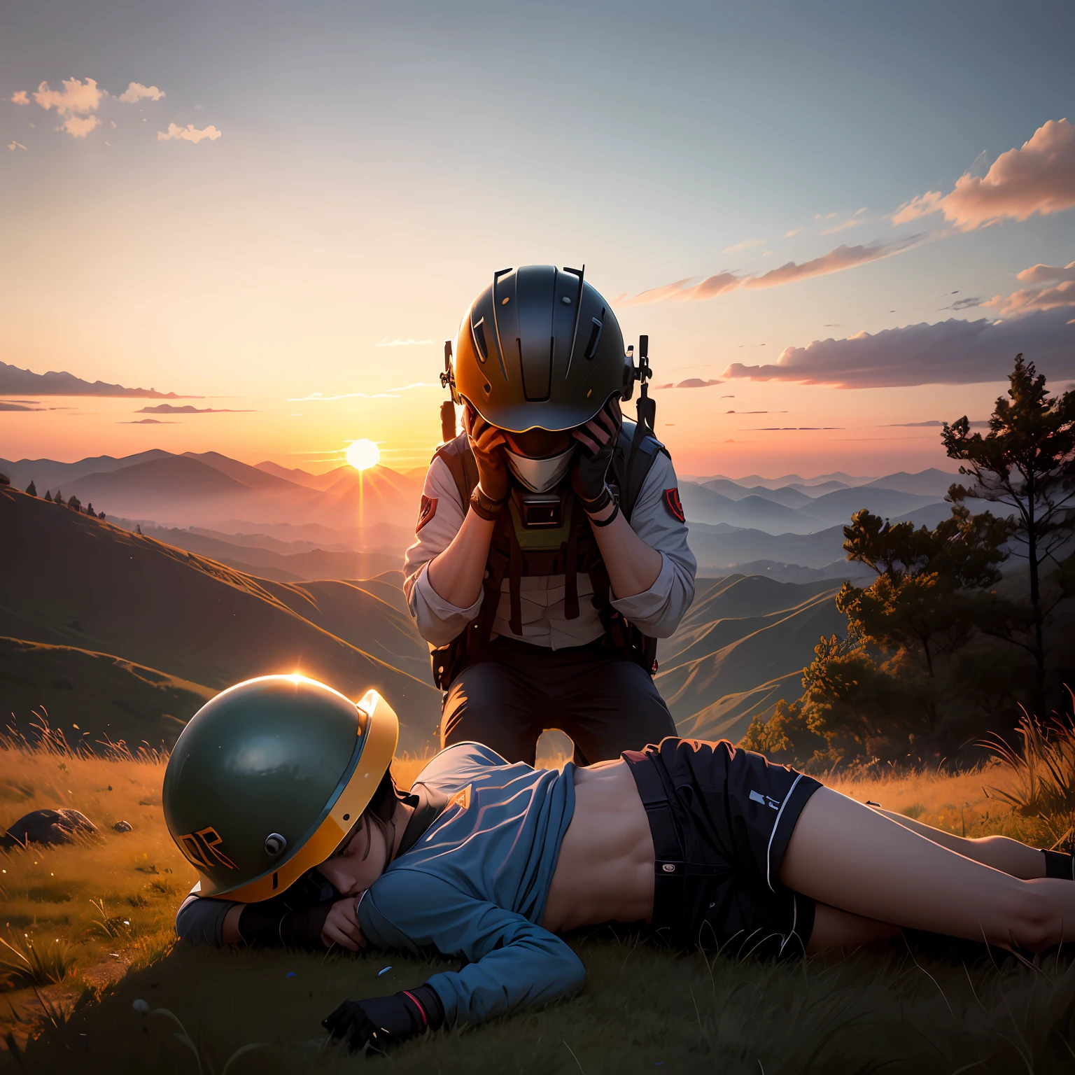 A sixteen-year-old boy lies on a hillside,The hillside is covered with grass,The boy wore a helmet to cover his face,There were many missiles stationary in the air in front of him,At this time, the time is dusk,And there is a sunset。It is necessary to highlight the boy's strength and momentum, but the boy's body is not strong,It is also necessary to highlight the beauty of the sunset and the cloud style of the sky, which is more sci-fi and soft,The letters xyx should be implied in the figure,It must be implied,The whole is sunset --auto