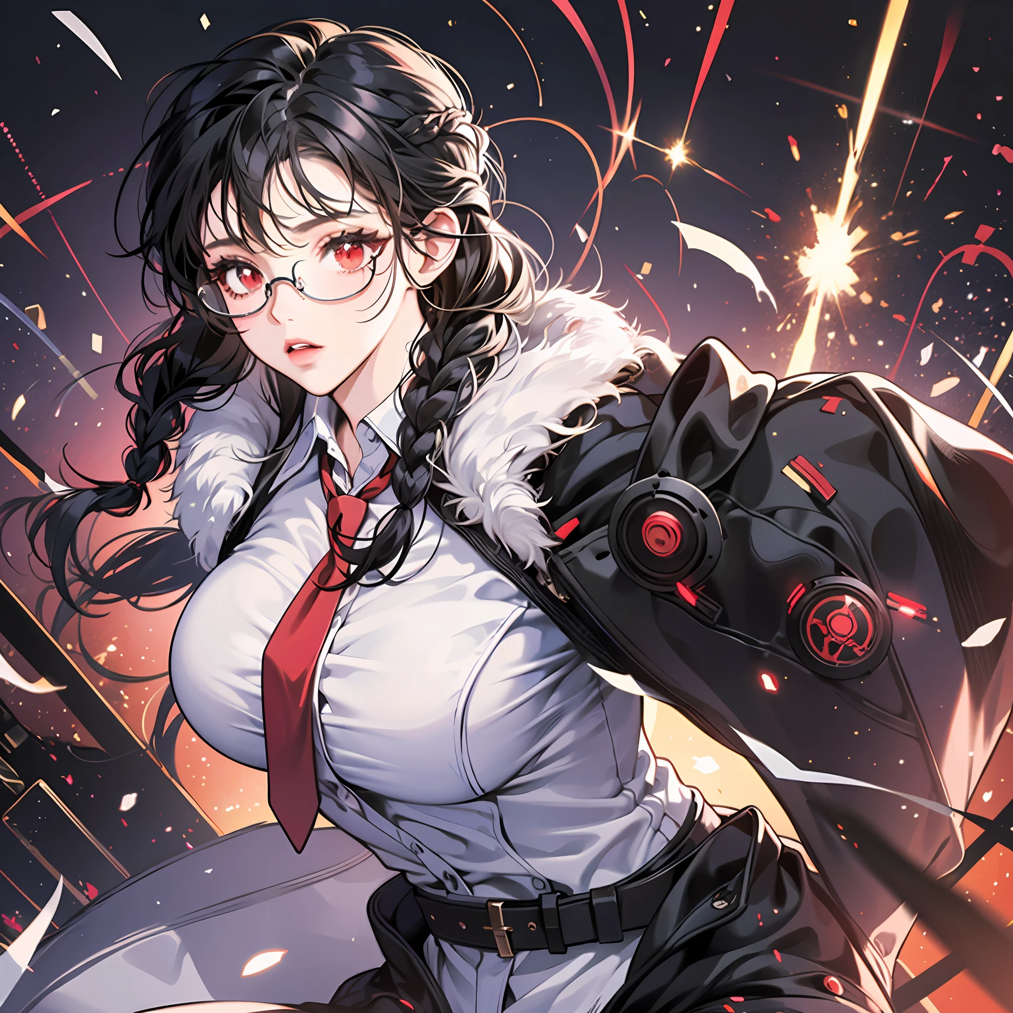 1girll，Black color hair，Twist braids，Qi bangs，red pupils，Round glasses，beauitful face，crisp breasts，Convex buttocks，in a white shirt，red necktie，Black suit，White heels，There are floating missile-launching weapons on the sides of the body，sci-fy，cyber punk perssonage，perfectly proportioned, Cinematic lighting, filmgrain, Fuji colors, lightand shade contrast, 8K, 巨作, Textured skin, Super detail, high detal, High quality, A high resolution,