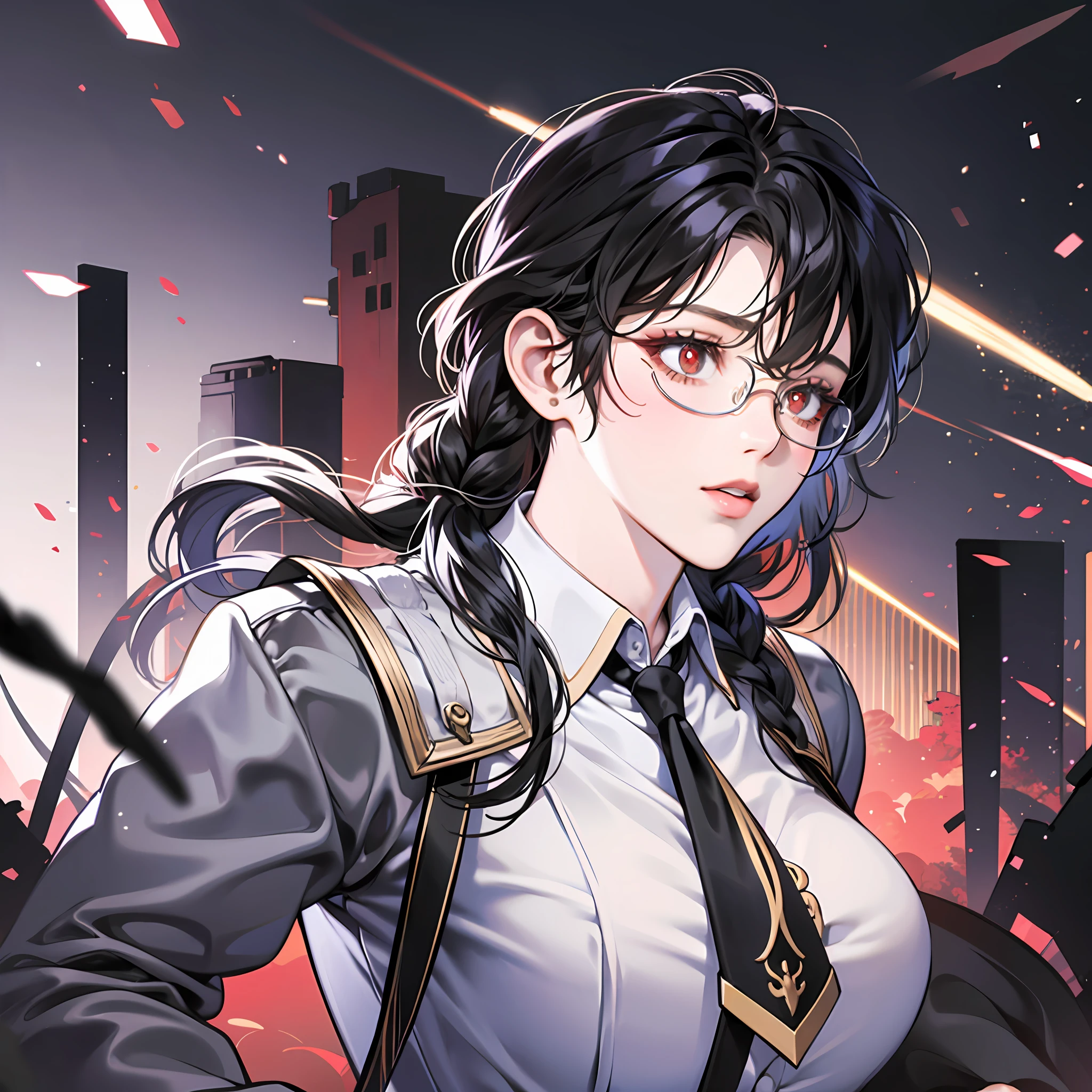 1girll，Black color hair，Twist braids，Qi bangs，red pupils，Round glasses，beauitful face，crisp breasts，Convex buttocks，in a white shirt，red necktie，Black suit，White heels，There are floating missile-launching weapons on the sides of the body，sci-fy，cyber punk perssonage，perfectly proportioned, Cinematic lighting, filmgrain, Fuji colors, lightand shade contrast, 8K, 巨作, Textured skin, Super detail, high detal, High quality, A high resolution,