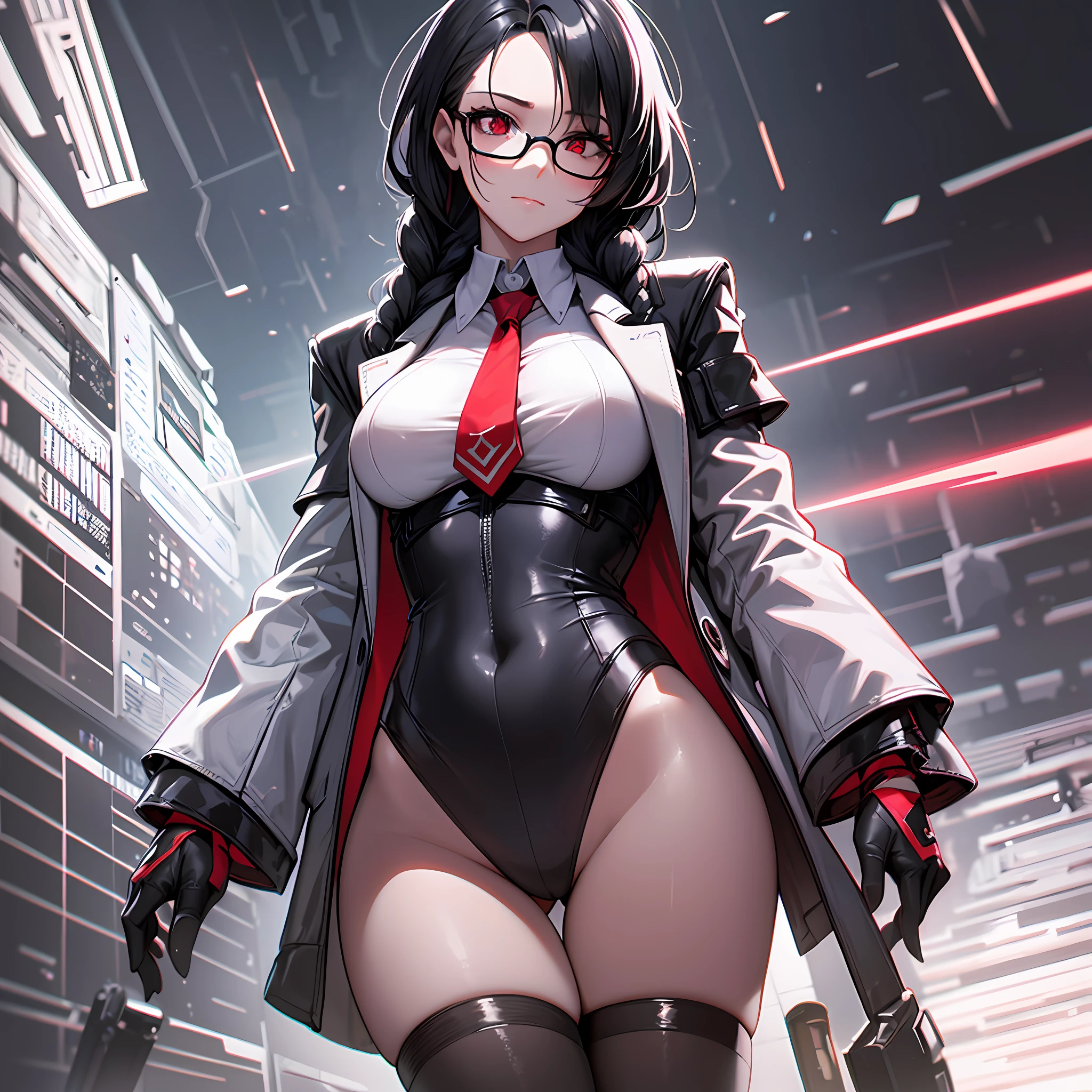 1girll,Black color hair,Twist braids,Qi bangs,red pupils,Round glasses,beauitful face,crisp breasts,Convex buttocks,in a white shirt,red necktie,Black suit,White heels,There are floating missile-launching weapons on the sides of the body,sci-fy,cyber punk perssonage,perfectly proportioned, Cinematic lighting, filmgrain, Fuji colors, lightand shade contrast, 8K, 巨作, Textured skin, Super detail, high detal, High quality, A high resolution,