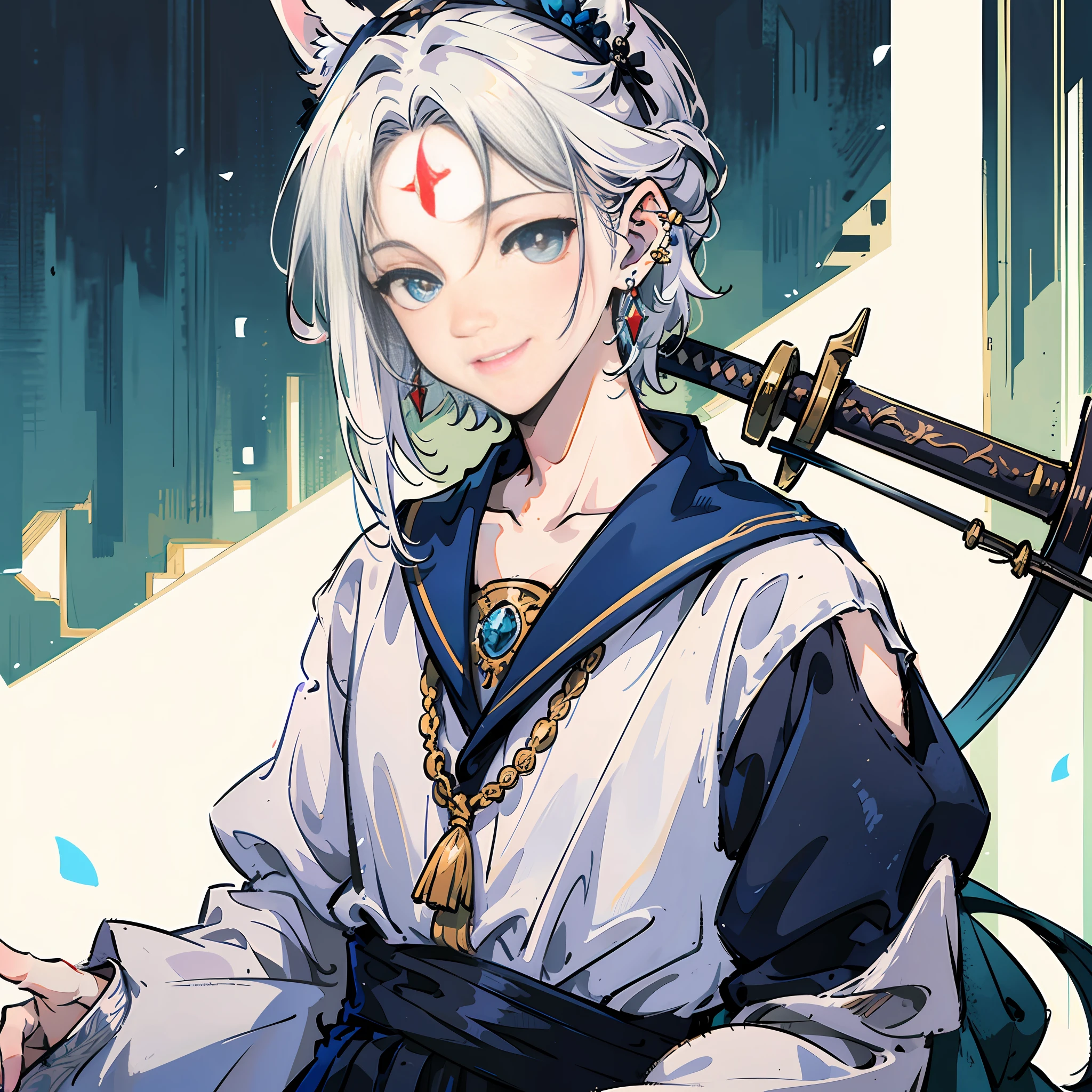 tmasterpiece，top Quority，Artistically，Close-up of the white-haired boy character，Blue pupil gradient，Hold the sword，hair tucking，Skin texture，Smile on your face，forehead jewel，Earrings on the ears，Wear hair accessories，Bangs in the middle，Antique Boy，Exotic ，schoolboy --auto