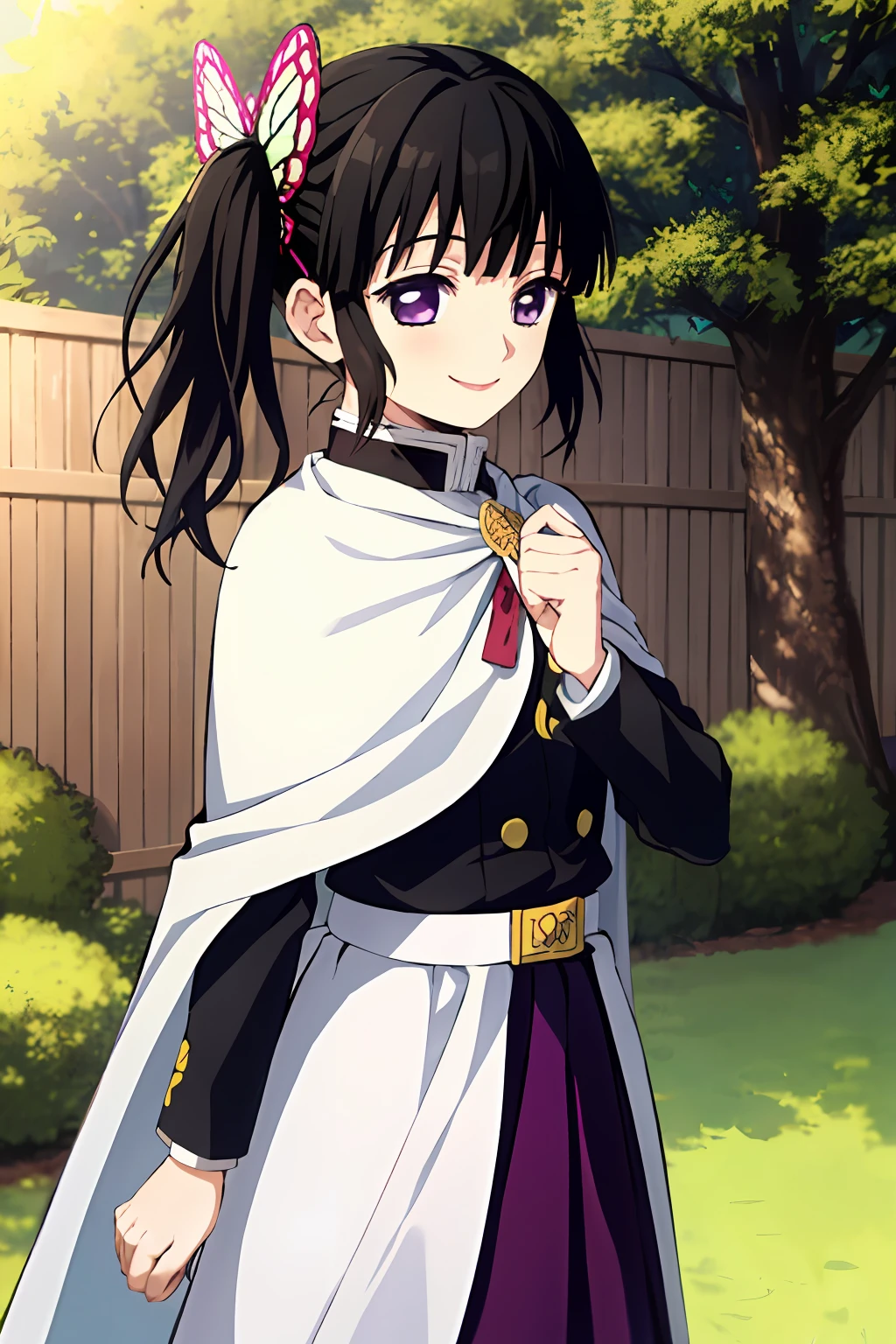 kimetsu no yaiba style, 1girl, butterfly hair ornament, hair ornament, butterfly, bug, demon slayer uniform, solo, purple eyes, side ponytail, butterfly on hand, smile, black hair, white cape, cape, outdoors, bangs, tree, fence, anime coloring, ((masterpiece)), black uniform,