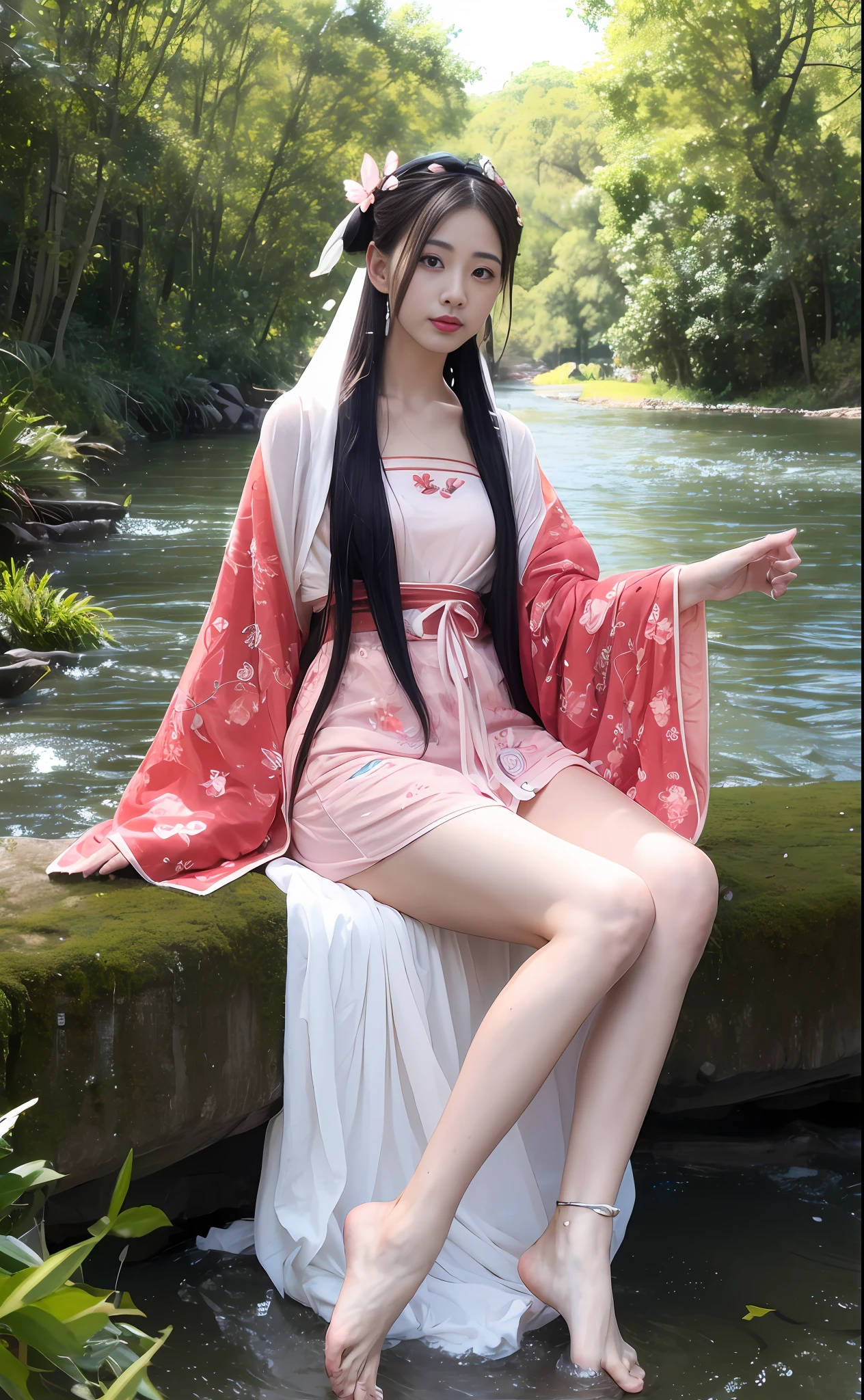 ((Masterpiece))), (Best Quality)), (Ultra Detailed), (Illustration), (Very Tasty and Beautiful), Dynamic, Floating, (Beautiful), (Light of Detail) 1 Girl, Pointy, Long Hair, Water, Solo, Elf, Seated, Half, White Hair, Chain, Green Eyes, Toeless Legs, Barefoot, Jewelry, Viewer, Feathers, Leaves, Nature, (Sunlight), River, (Forest), (Painting), (Sketch), (Blossom), (Portrait: 1.2), (Butterfly: 1.2), (Tindale effect), obscure, Hanfu