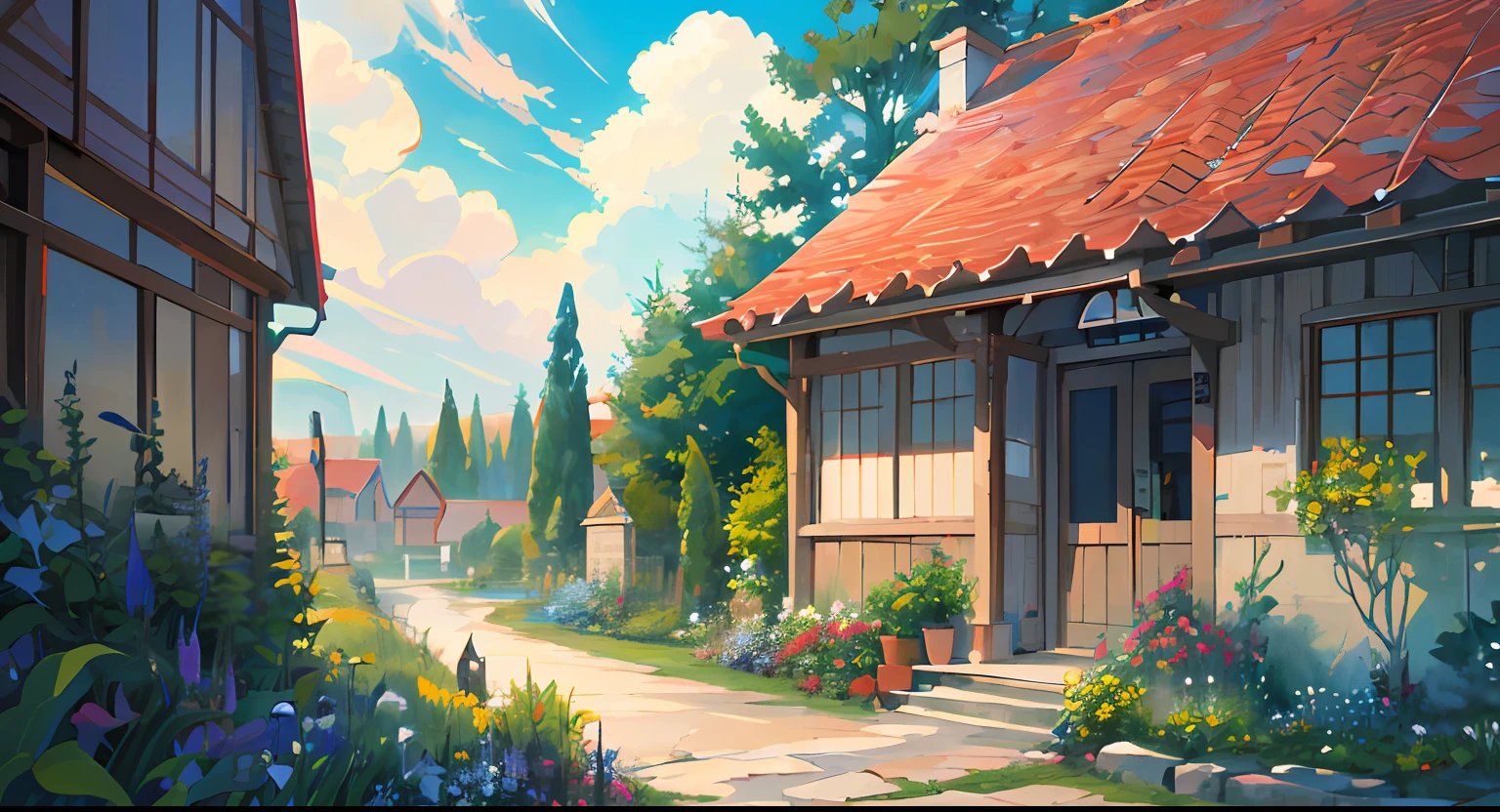 Masterpiece, best quality, official art, extremely detailed CG unity 8k wallpaper, outdoors, animals, spring \(seasons\), cloudy sky, studio ghibli, garden, village,