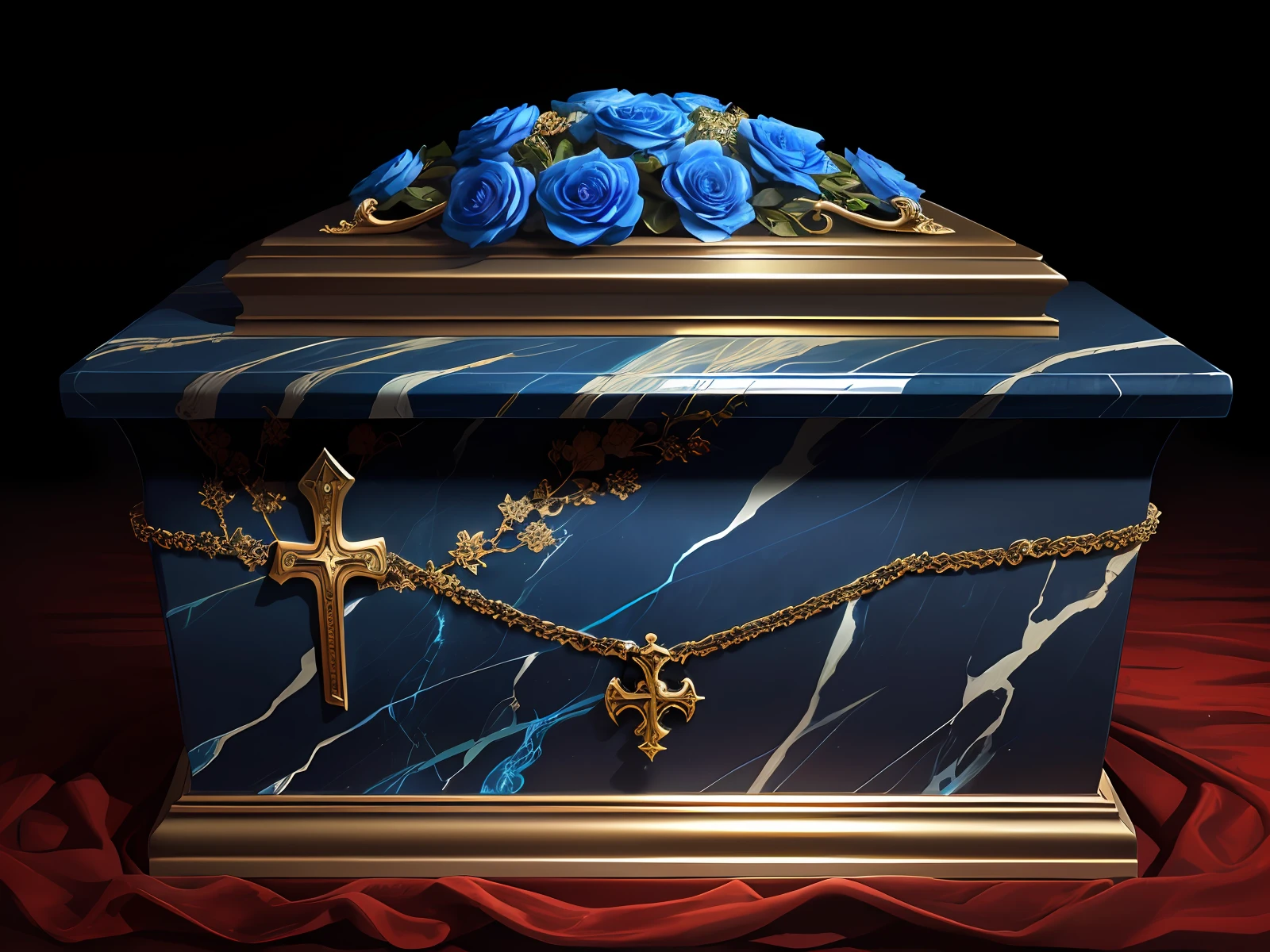 There is a blue marble coffin，It has a cross and a blue flower, casket, blue black gold, magnificent design, brilliant detail, Reliquary, grave, tomba, exquisitedetails, 2 0 2 0, 2020, opulent, stunning detailed, elegant highly detailed, wonderful masterpiece, very beautiful masterpiece, majestic masterpiece, Funeral, Incredible masterpiece