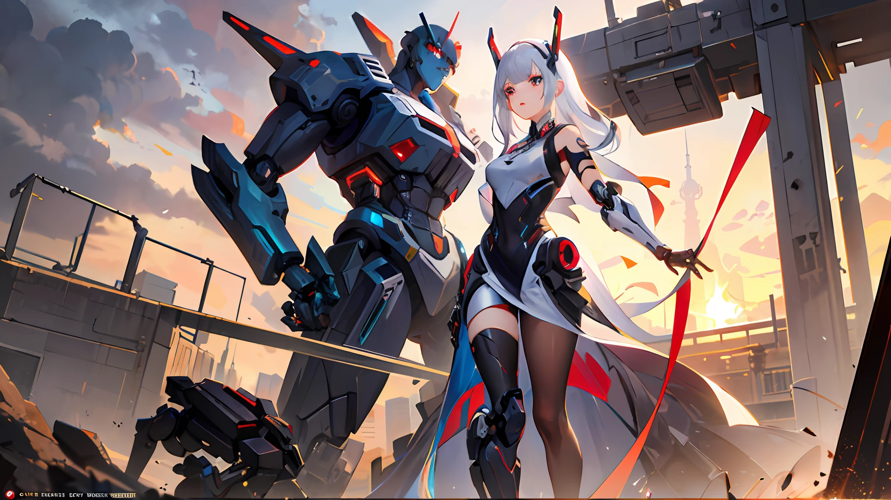 Photo - Stylish woman in white standing in front of a giant robot, girl in mecha cyber armor, inspired by Marek Okon, perfect anime cyborg woman, Royal sister cyborg girl, Movie robot with organic mix, Beautiful robot character design, cyberpunk anime girl mech, wlop and krenz cushart, CGsociety masterpiece, Perfect robot girl