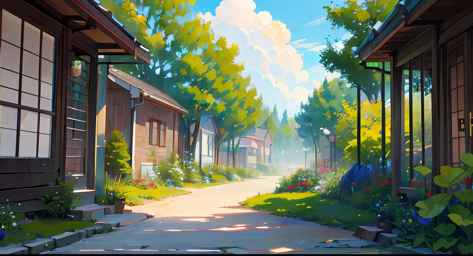 Masterpiece, best quality, official art, extremely detailed CG unity 8k wallpaper, outdoors, animals, spring \(seasons\), cloudy sky, studio ghibli, garden, village,