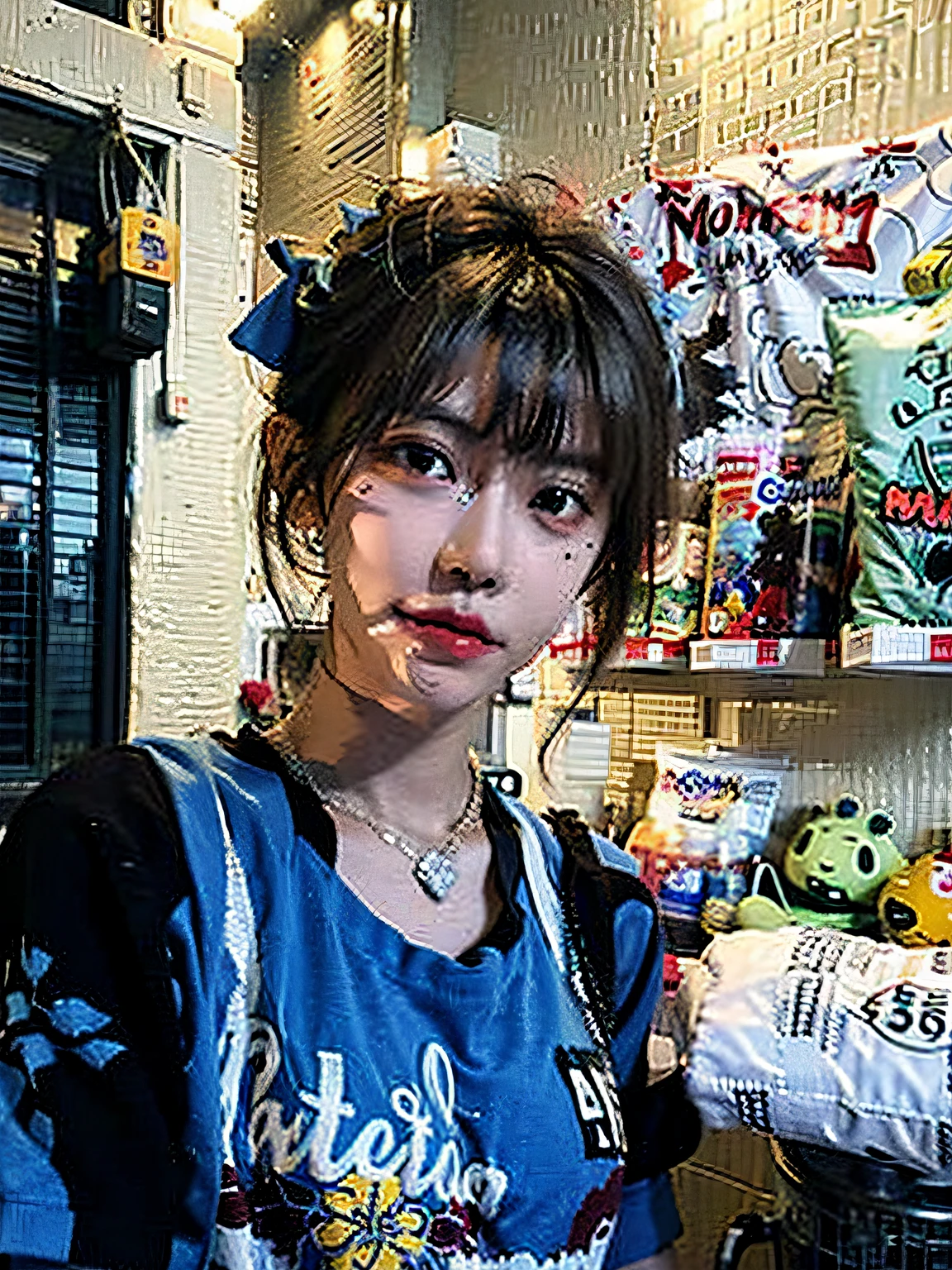 A girl with black eyes,short detailed hair,blue short sleeves,Extremely cute