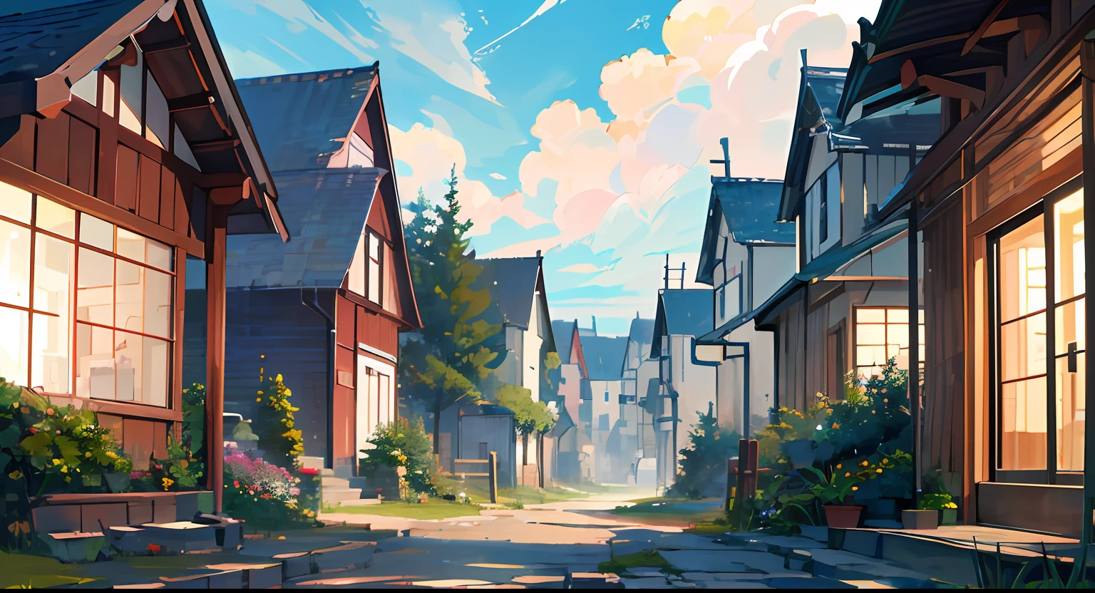 Masterpiece, best quality, official art, extremely detailed CG unity 8k wallpaper, outdoors, animals, spring \(seasons\), cloudy sky, studio ghibli, garden, village,