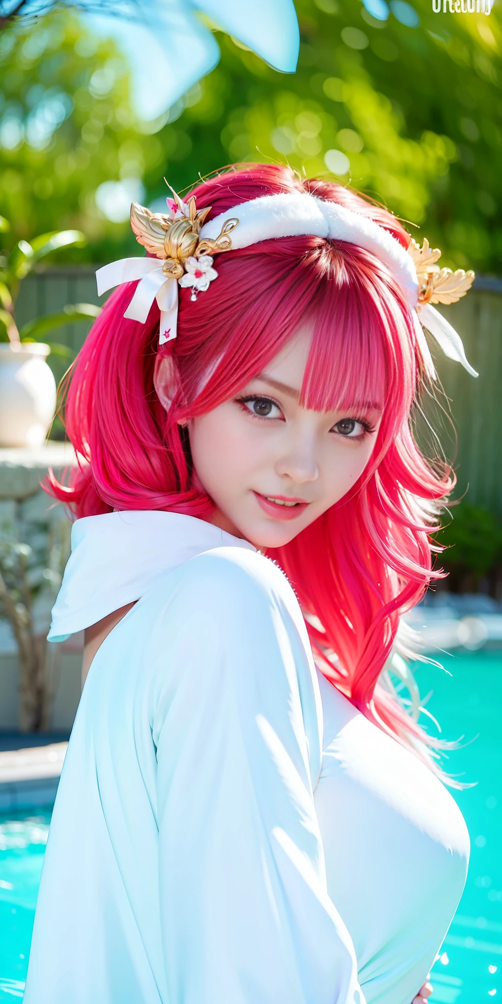 (8k, 4k, best quality, highres:1.2), (maasterpiece, realistic, photo realistic:1.37), 1girl, solo, beautiful face, eyelashes, nose, glossy lips, (detailed eyes, looking at viewer, fair skin, white skin:1.5), fine complexion, upper body,
large breasts, busty,,,
outdoor onsen,
two side up, absurdly long hair, blonde hair, pink hair, bangs, hair ornament, bow,
younger, aged down,