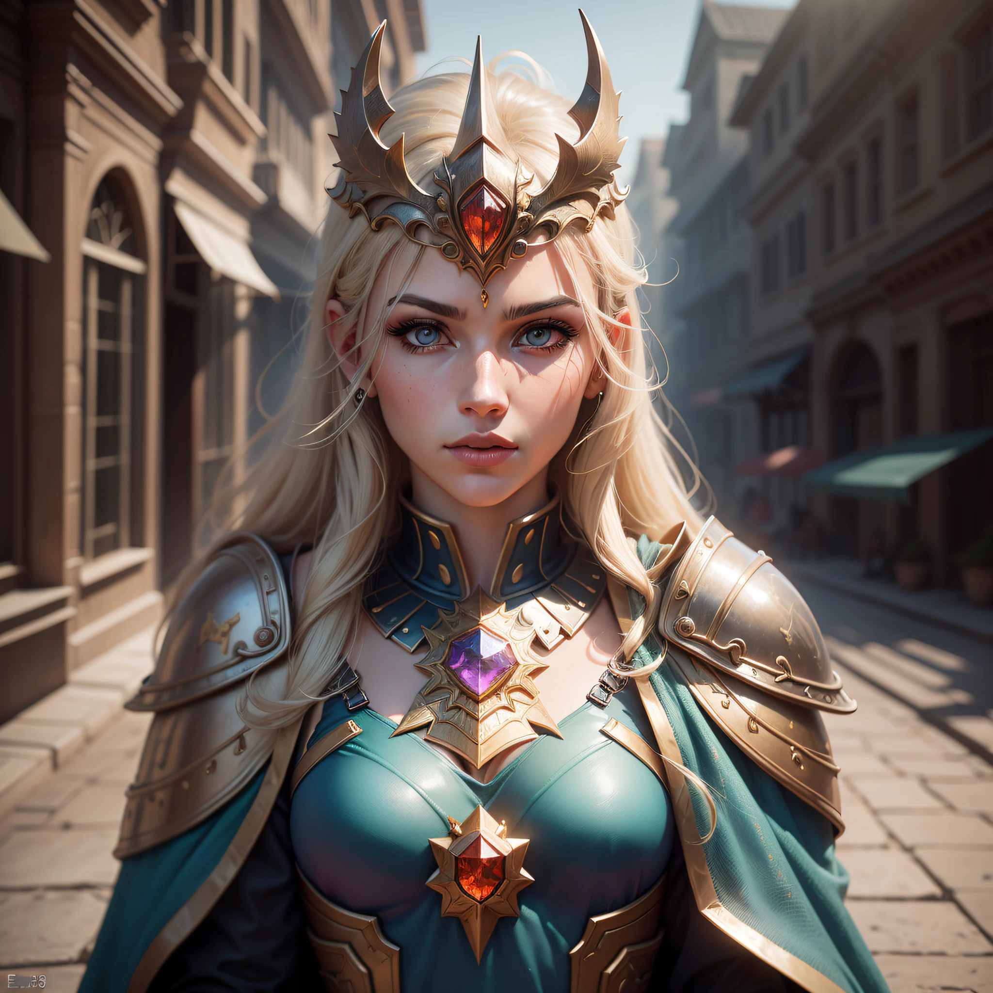 A European girl, heavy makeup, heroic and sassy, blue-purple eyes, light blonde shawl long hair, golden gorgeous armor, medieval armor carving, red phoenix gilded cape, gold garland headdress, full body photo, makeup, depth of field, panorama, polar opposites, (Movie Photo: 1.3), (Reality: 1.3), (Romance: 1.3, Masterpiece, Lee Jeffries' Award Winning Photo, Nikon D850 Film Stock Shot, Kodak Portra 400 Camera F1.6 Lens, Very Detailed, Amazing, Fine Detail, Rich Colors, Ultra-Realistic Realistic Textures, Dramatic Lighting, Unreal Engine, Trending at Artstation, CineStill 800 tungsten light, looking at the audience, photo realistic, RAW photos, TanvirTamim, High quality, High resolution, Sharp focus, Very detailed, Cinematic lighting, 8k uhd, Highly detailed, (Crystal Cubism: 1.3), (Magical Realism: 1.3), (Realism: 1.3), Ultra Detailed, Detailed, by Clarence Holbrook CArter, by Ed Emshwiller, CGSociety, ArtStation competition winner, ArtStation Trends, DeviantArt competition winner, Fallout