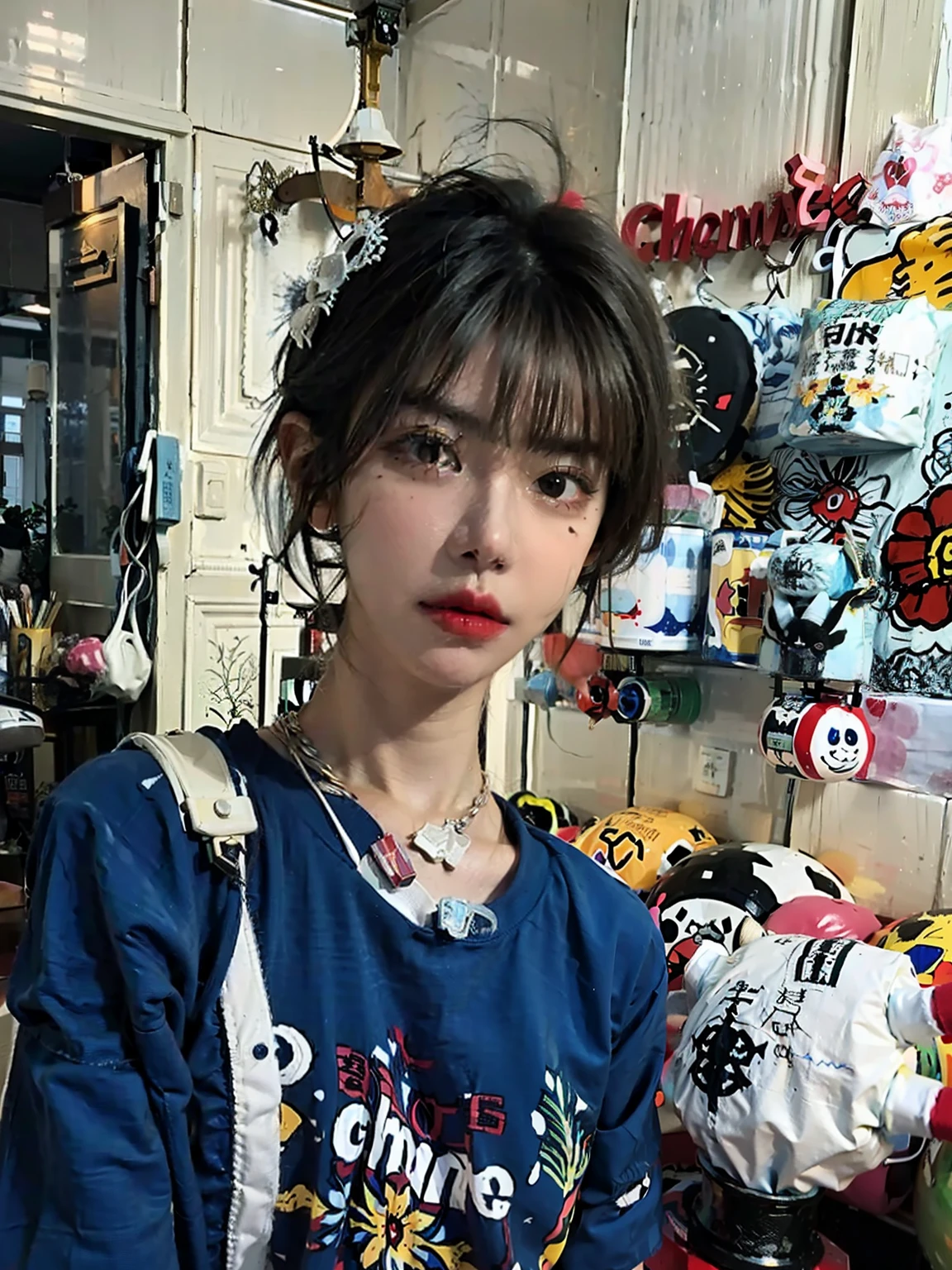 A girl with black eyes，short detailed hair，blue short sleeves，Extremely cute