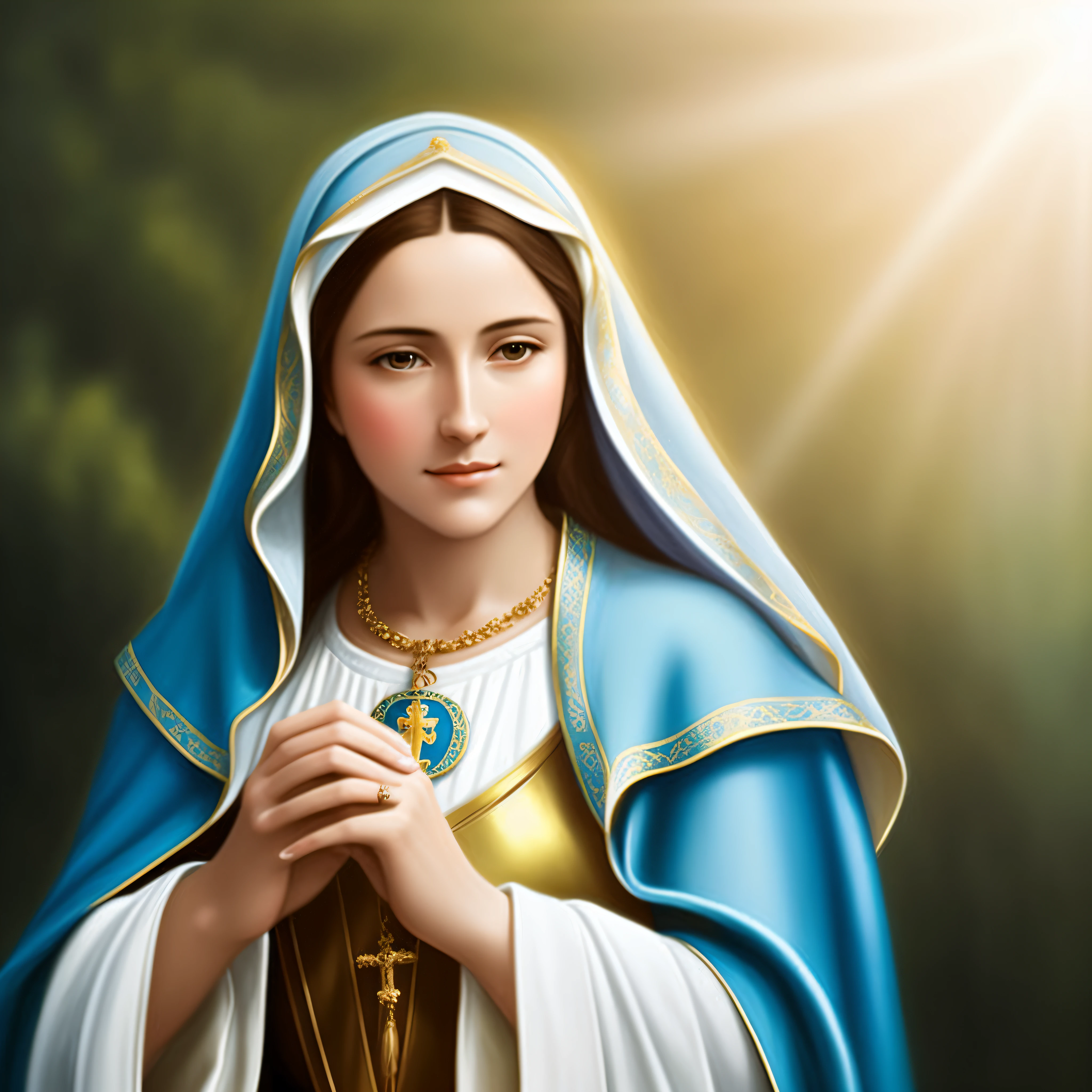 A painting of a woman in a blue robe holding a rosary, Virgin Mary, portrait of the Virgin Mary, Queen of Heaven, Mary in a shrine, majestic holy woman, Catholic religious art, face forward, serene look