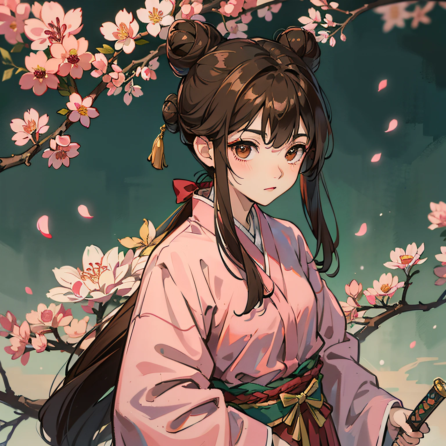Pink Hanfu，Ancient hair buns，Kizi，brown  hair， Armed with two swords，Petals surround，Under the peach tree