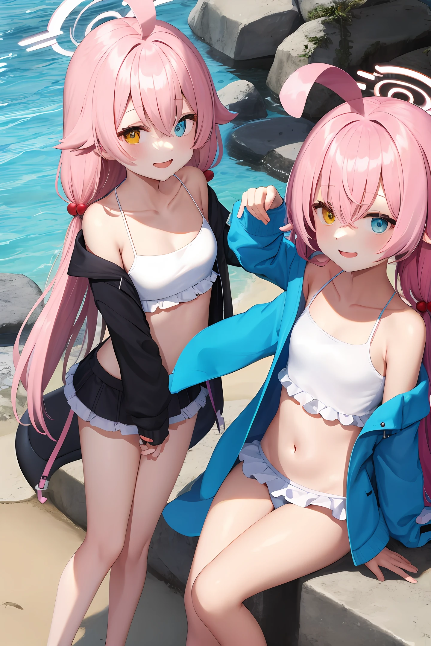 white swimsuits，Pink-haired woman