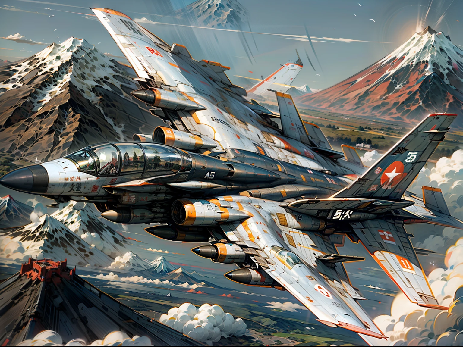 Chinese PLA Air Force fighter Su35 flew over Mount Fuji in Japan,realisticlying,tmasterpiece,Sky blue camouflage body,Red five-pointed star logo on the tail,Chinese Air Force logo,wide angles,Big scene
