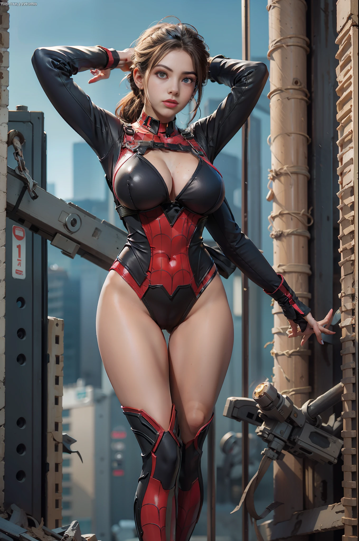(1girl:1.3), solo, __body-parts__, official art, unified 8k wallpaper, super detailed, beautiful and aesthetic, beautiful, masterpiece, best quality, raw, masterpiece, super fine photo, best quality, super high resolution, photorealistic realism, sunlight, full body portrait, amazing beauty,, dynamic pose, delicate face, vibrant eyes, (from the front), she is wearing a Spider-man suit, red and black color scheme, spider, very detailed abandoned warehouse background, Detailed face, detailed complex busy background, messy, gorgeous, milky white, highly detailed skin, realistic skin details, visible pores, sharp focus, volumetric fog, 8k uhd, DSLR, high quality, film grain, fair skin, photo realism, lomography, huge metropolis in future dystopia, seen from below, translucent, large breasts:1.2