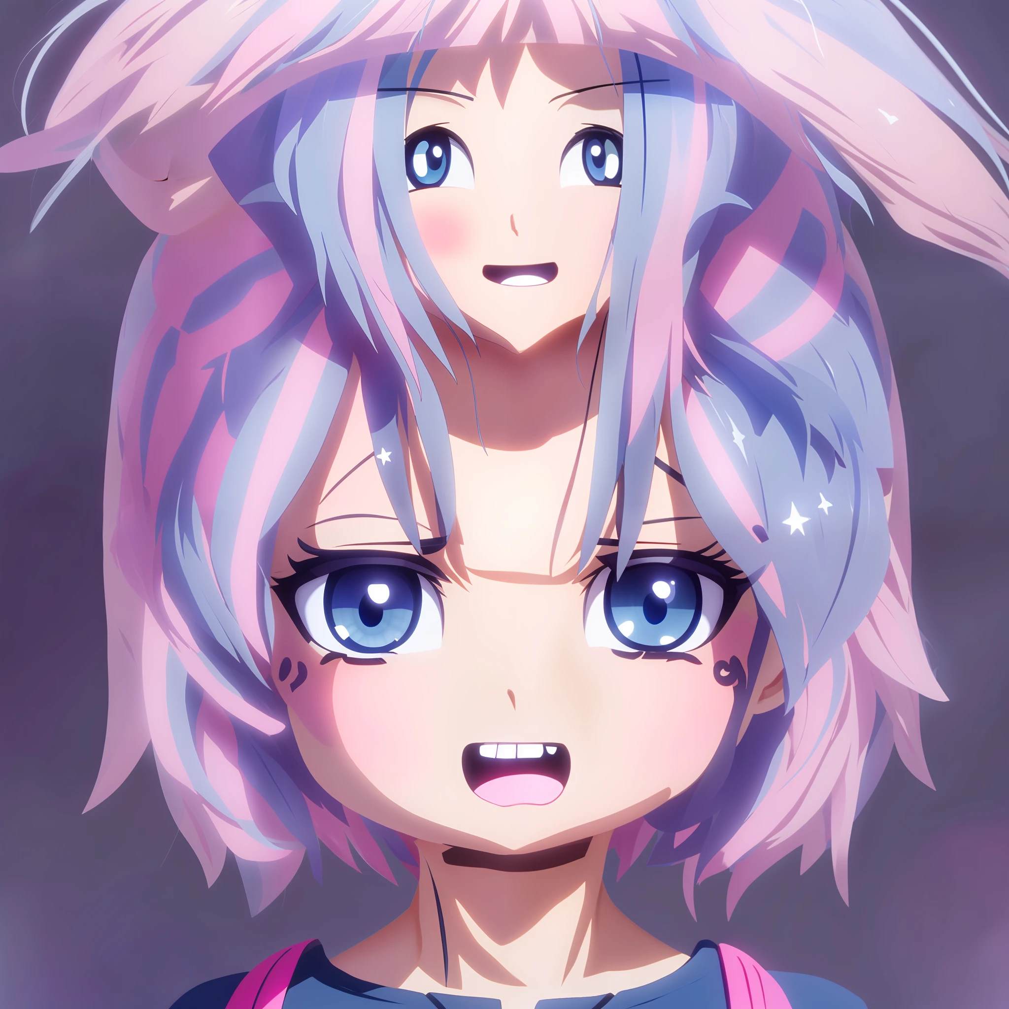 Anime, A girl with pink hair and blue eyes raised her hand to her face, cute anime face, she has a cute expressive face