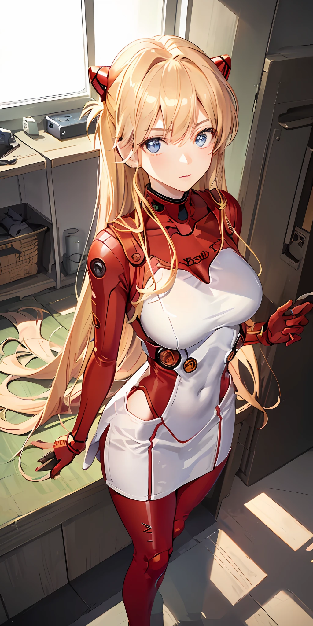 (Overhead view),dynamic angle,ultra-detailed, illustration, close-up, straight on, 1girl, 
 ((souryuu asuka langley, interface headset, red bodysuit:1.4, blonde)),Her eyes shone like dreamy stars,(glowing eyes:1.233),(beautiful and detailed eyes:1.1),(expressionless,closed mouth),(standing), 
(mechanic room with toolsand spaceship windowin a white SPACESHIP),
(night:1.2),dreamy, [[delicate fingers and hands:0.55]::0.85],(detail fingers),