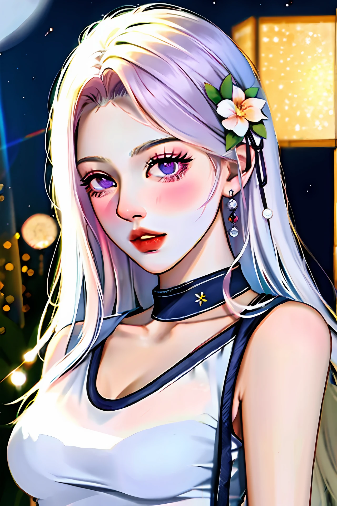 realistic, 1girl, white hair, purple eyes, glowing eyes, cropped top, jeans, parted lips, blush, night, flowers, sun, sunlight,