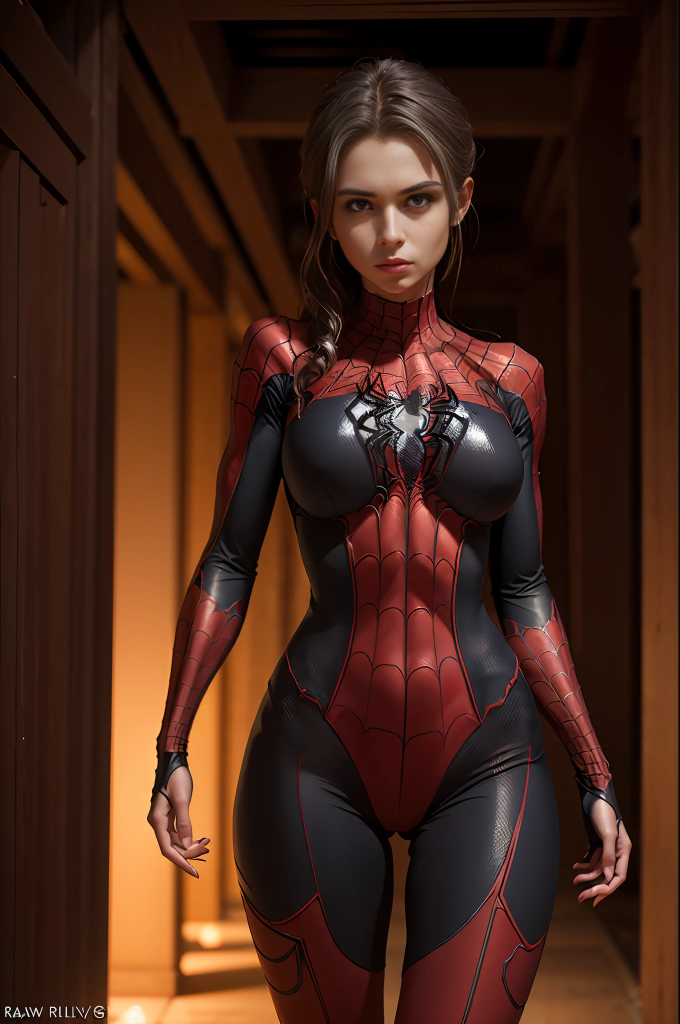 a photo of an attractive S033_RileyGuava, as (Spidergirl:1.1), (nighttime:1.3), (8k, RAW photo, best quality, ultra high res, photorealistic, masterpiece, ultra-detailed, Unreal Engine)