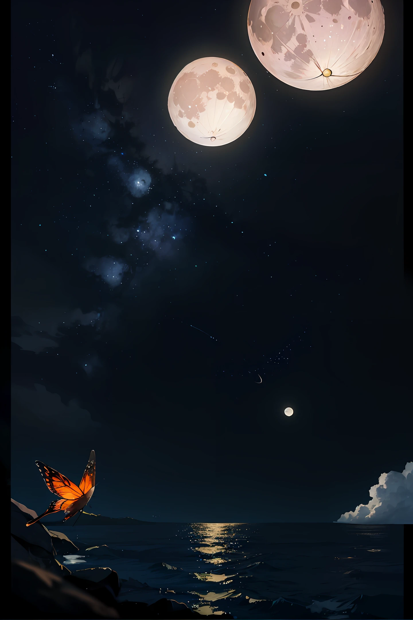 the night,butterflys,themoon,the sea