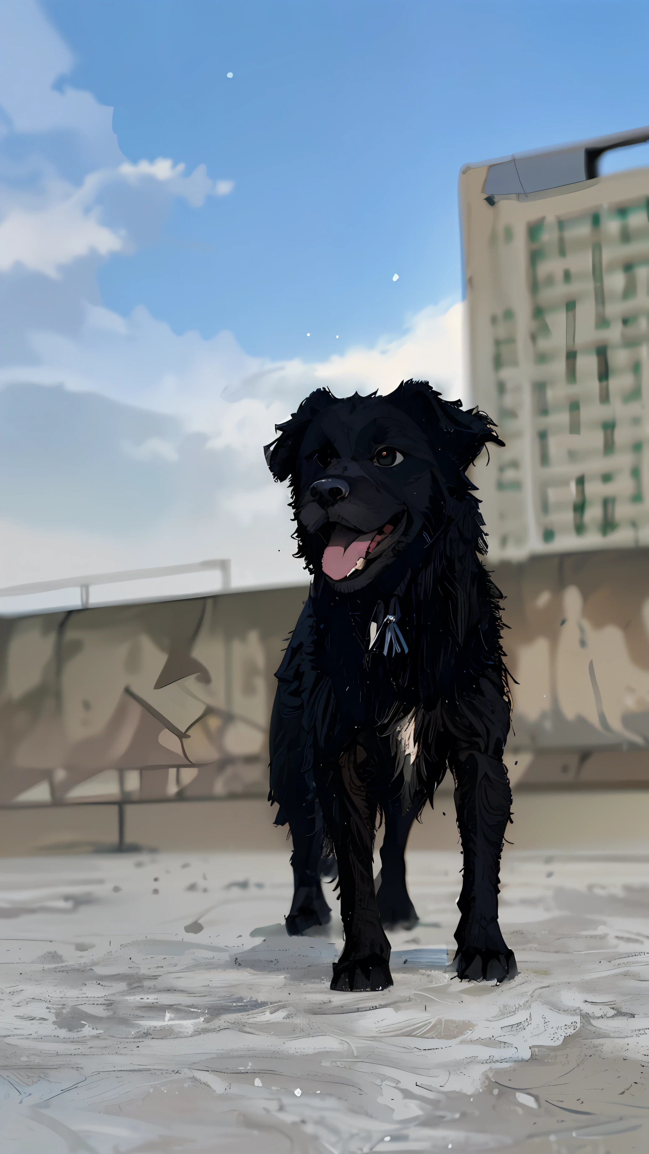 HD painting,Bold light and shadow effects,(The strokes are strong,The speed line is obvious,Sound hardcore,Caricature craft)A black dog,Dynamic running,Cheerful sea breeze blowing,Light and shadow interlace,By the sea.