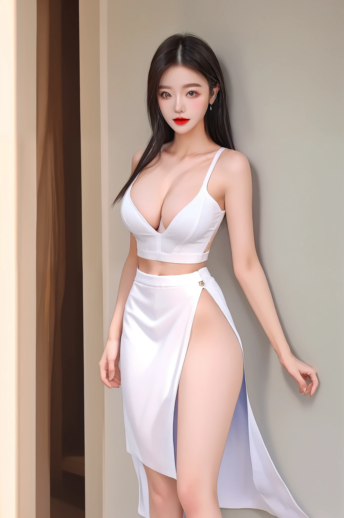 Close-up of a woman in a white miniskirt posing for a photo, Sexy clothes, very sexy outfit, Gorgeous Korean model, Beautiful Asian girl, Korean girl, Gorgeous young Korean woman, photorealistic perfect body, photo of slim girl model, Wear a tight white hip skirt, Sexy outfit, Open V chest clothes, Asian girl, She wears a white hip-wrapped skirt, beautifullegs,Cocked buttocks,Sexy look
